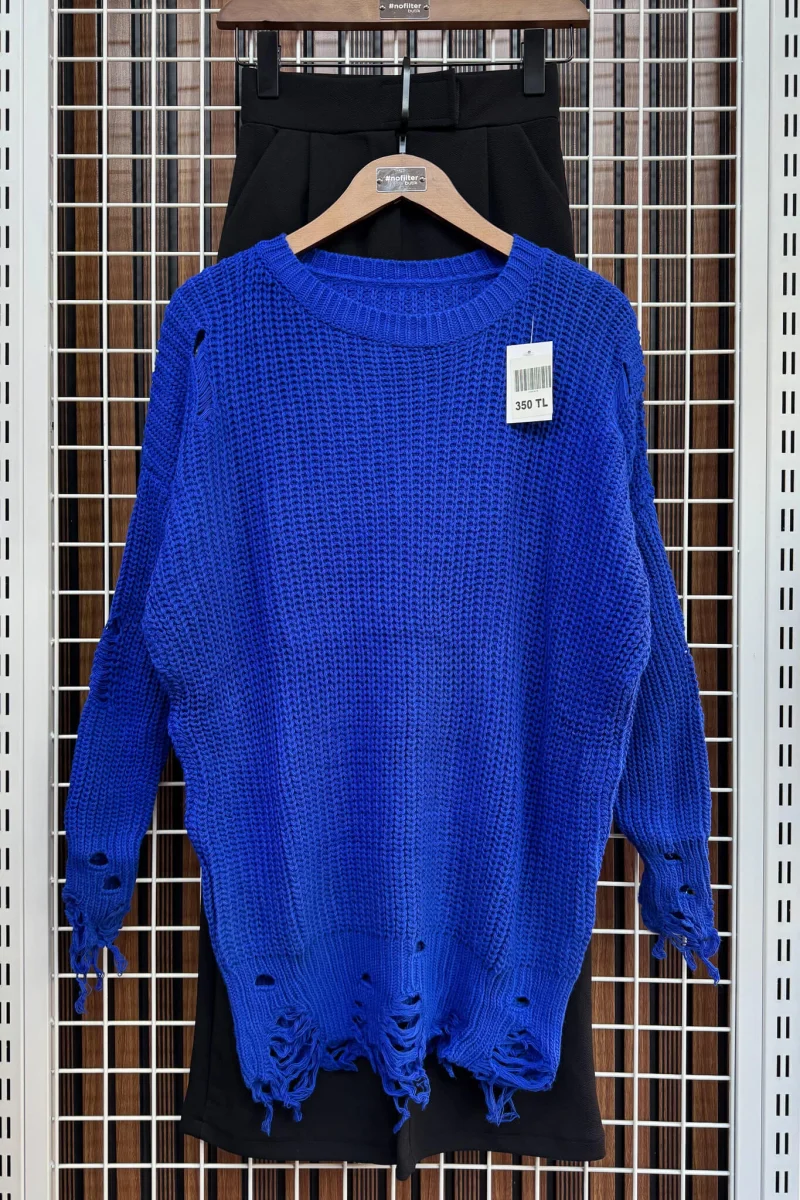 Yırtık Detay Oversize Kazak - Mavi