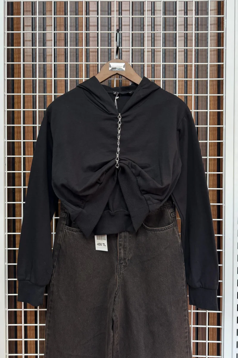 Zincir Detay Kısa Sweatshirt - Siyah