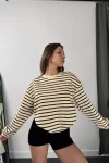 Çizgili Üç İplik Sweatshirt - Siyah