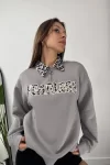 Fearless Leopar Desen Polo Yaka Sweatshirt - Gri