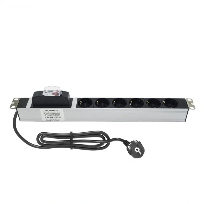 19 1U 6Lı Schuko Sigortalı Aluminyum Rack Kabin Grup Priz Pdu