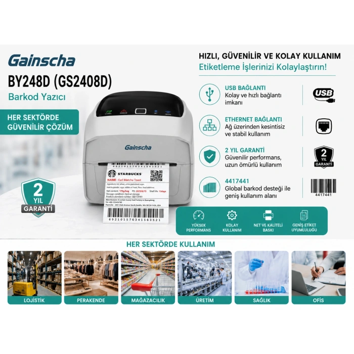 GAİNSCHA BY248D (GS2408D) WHİTE USB/LAN BARKOD YAZICI