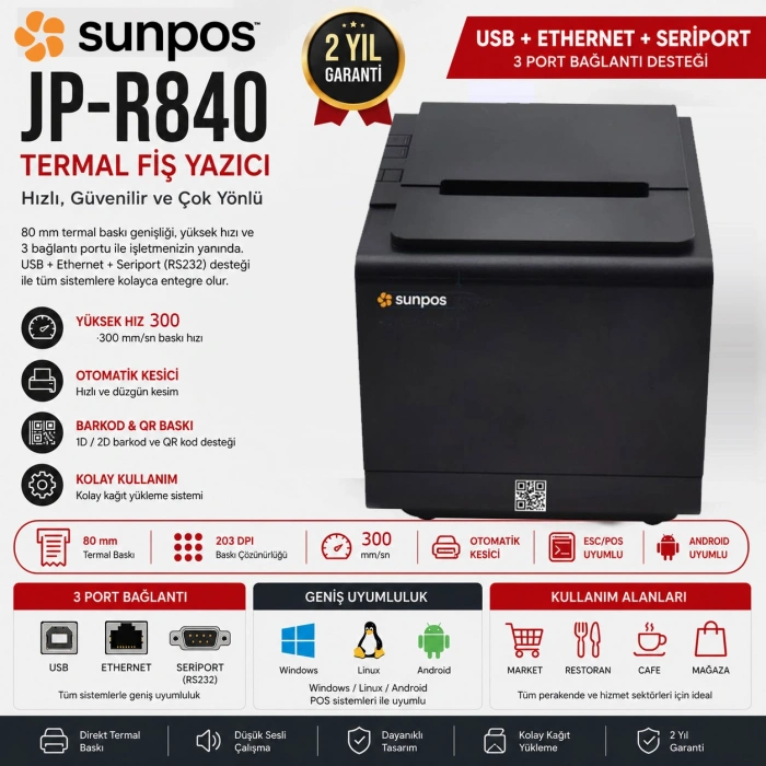 SUNPOS JP-R840 TERMAL FİŞ YAZICI USB / ETHERNET / SERI 80MM  58MM