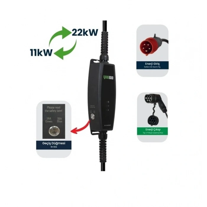 VİEGO TAŞINABİLİR ELEKTRİKLİ ARAÇ ŞARJ CİHAZI 11/22KW  EV PRİZİ DÖNÜŞTÜRÜCÜLÜ