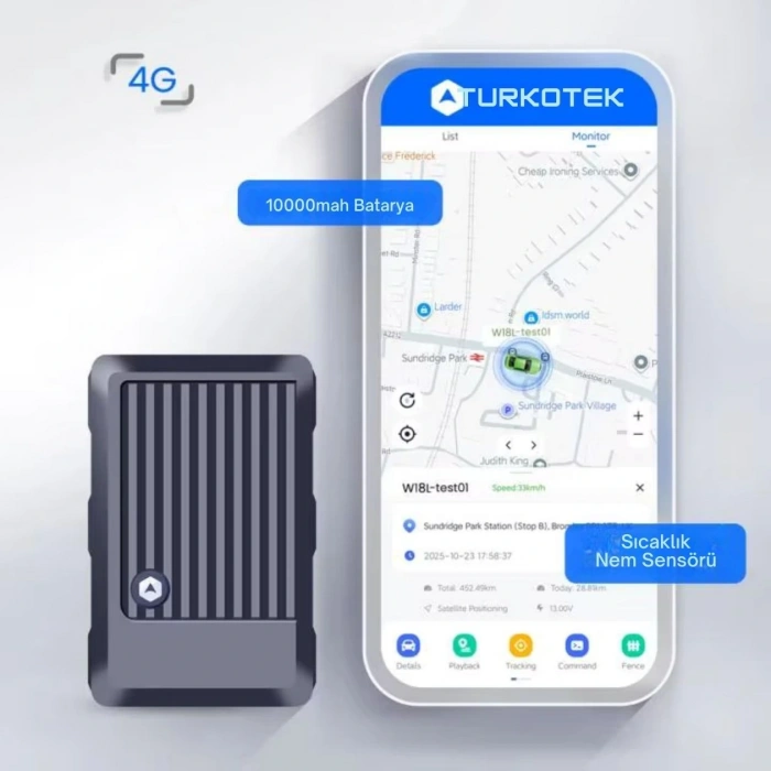 Turkotek W18L4G Kablosuz 10000 Mah 30Gün Şarj Ömrü Araç Motosi̇klet Gps Taki̇p Ci̇hazı Son Teknoloji̇ – Aküden Bağımsız Kablosuz Mıknatıslı (İmei Kayıtlı)