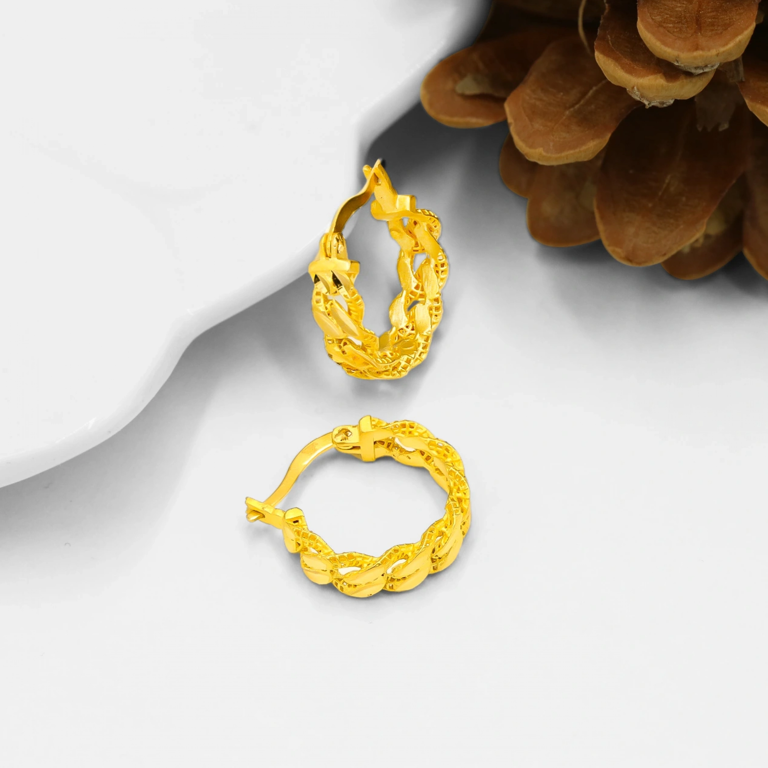 22 Ayar Burma Örgü Halka Altın Küpe