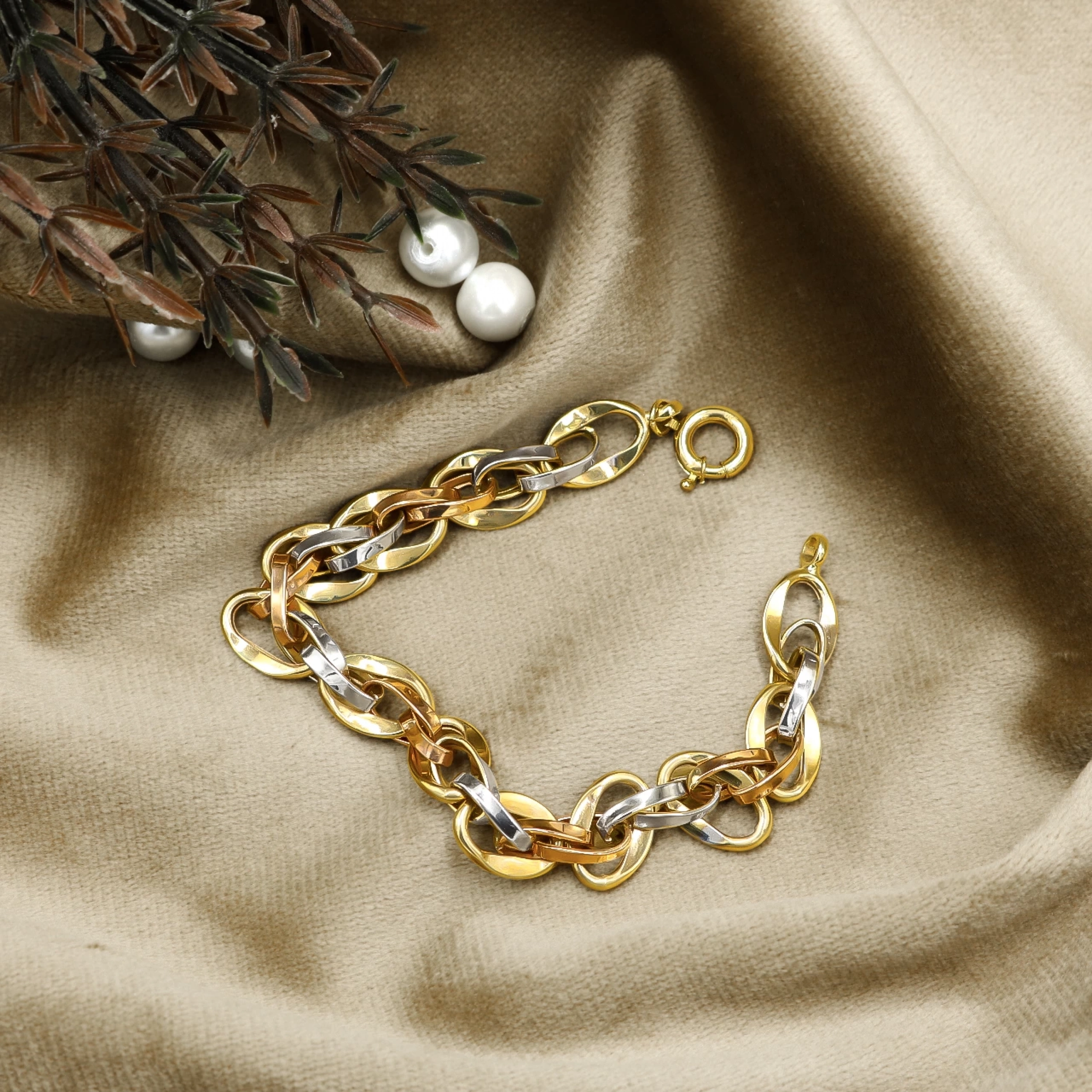 3 Renk Oval Hallow 8 Ayar Altın Bileklik