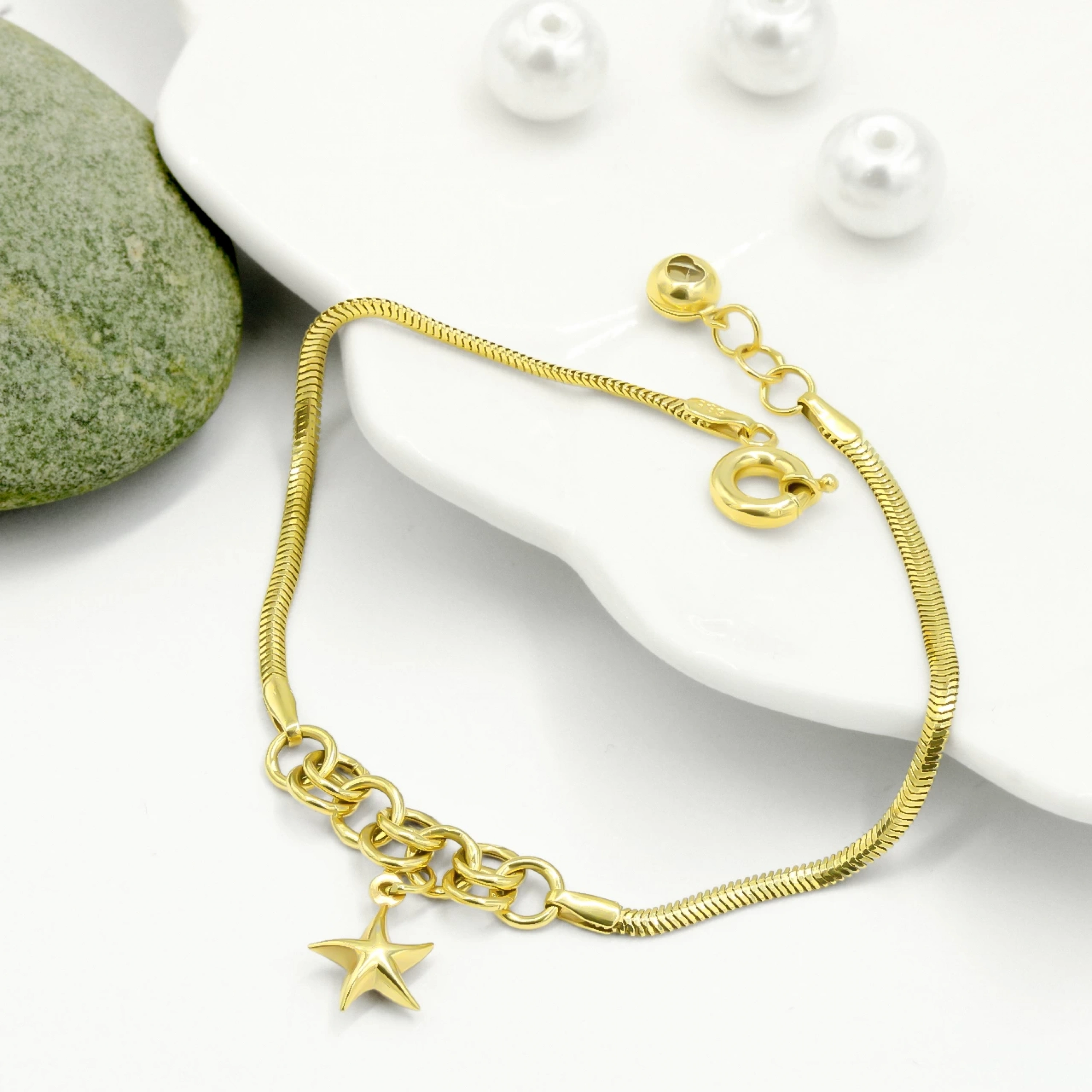 Balık Sırtı Zincir Yıldız 14 Ayar Altın Bileklik