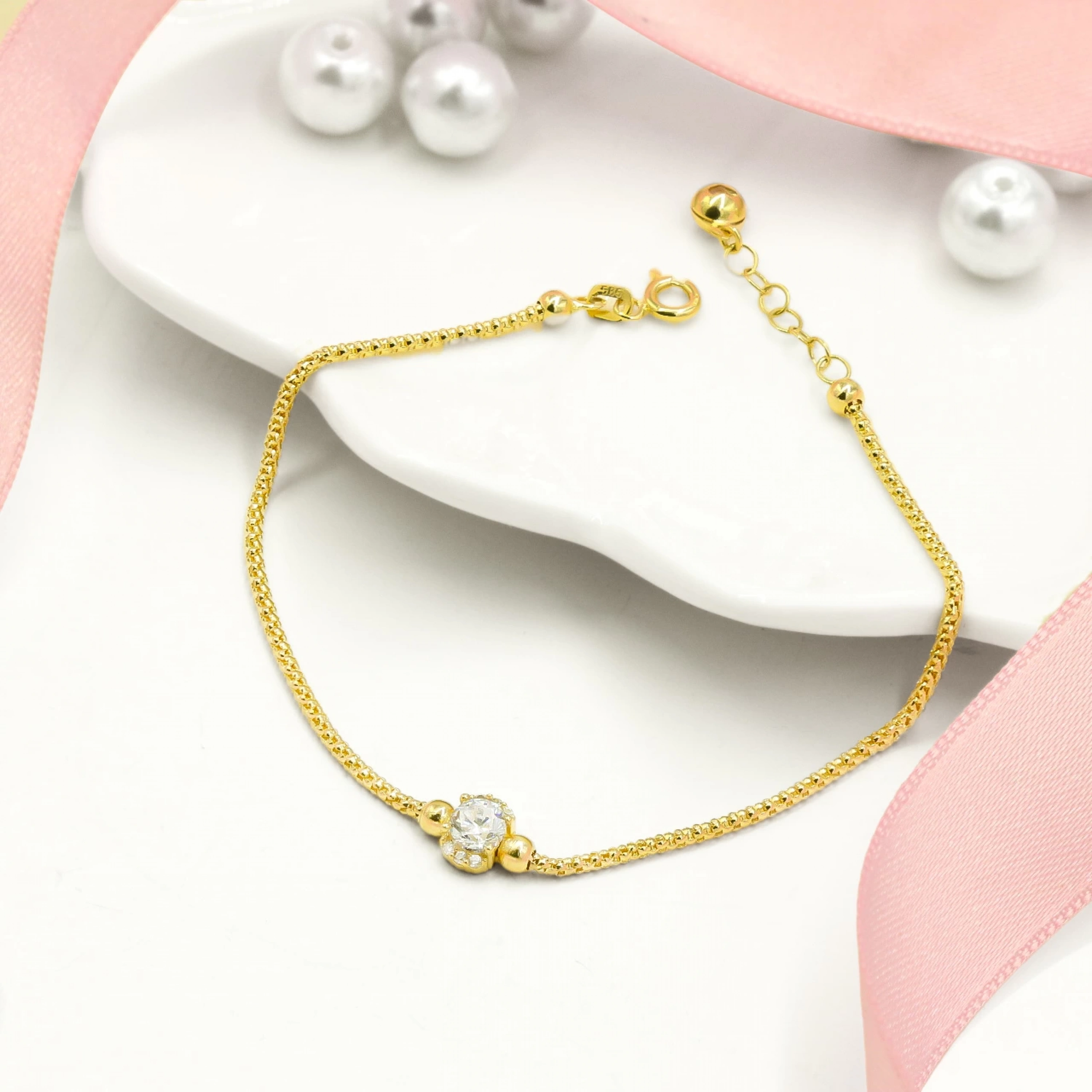 Beyaz Taşlı 14 Ayar Altın Bileklik