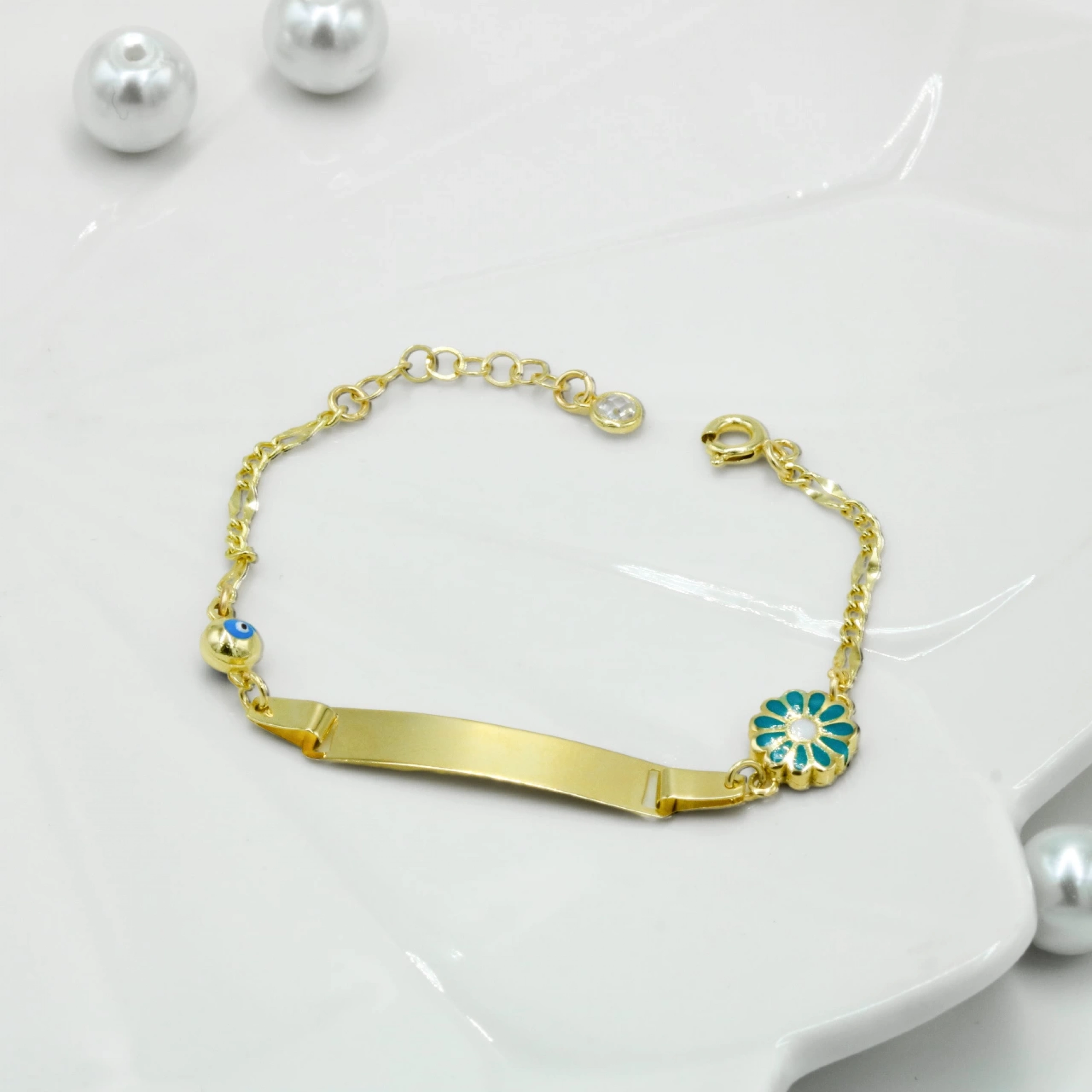 Çiçekli Plaka 14 Ayar Altın Çocuk Künyesi