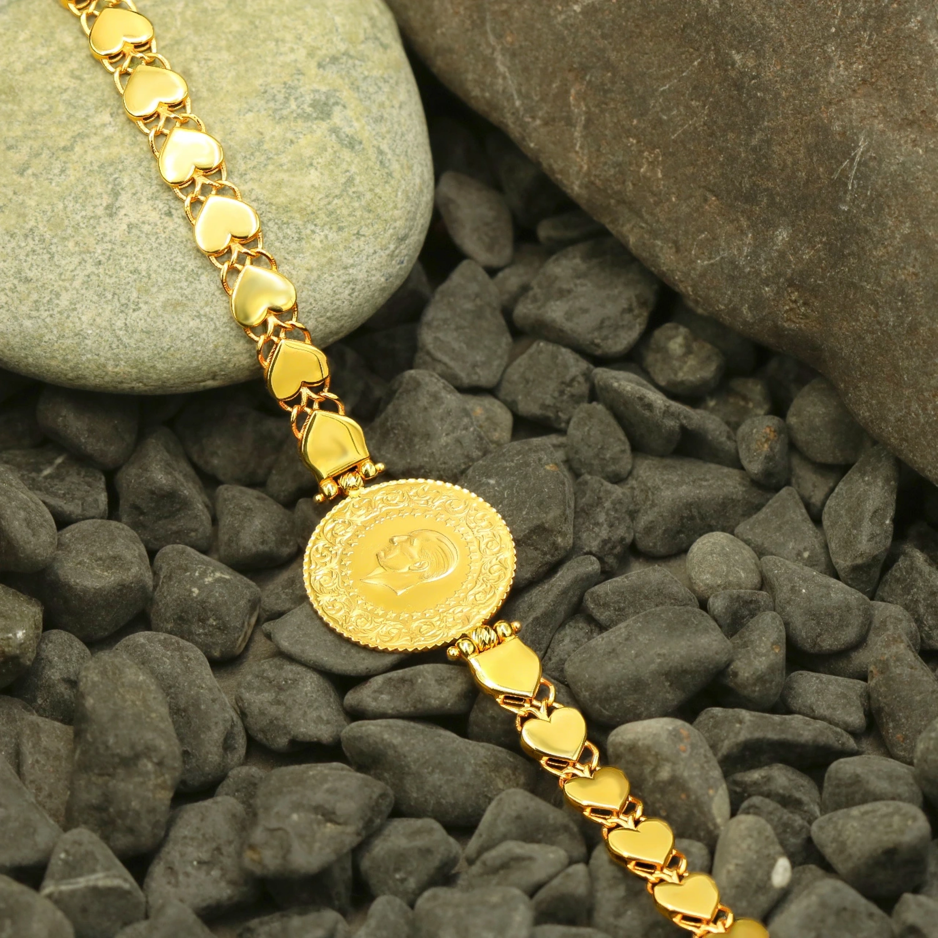 Kalp Pullu Çeyrekli 14 Ayar Altın Bileklik