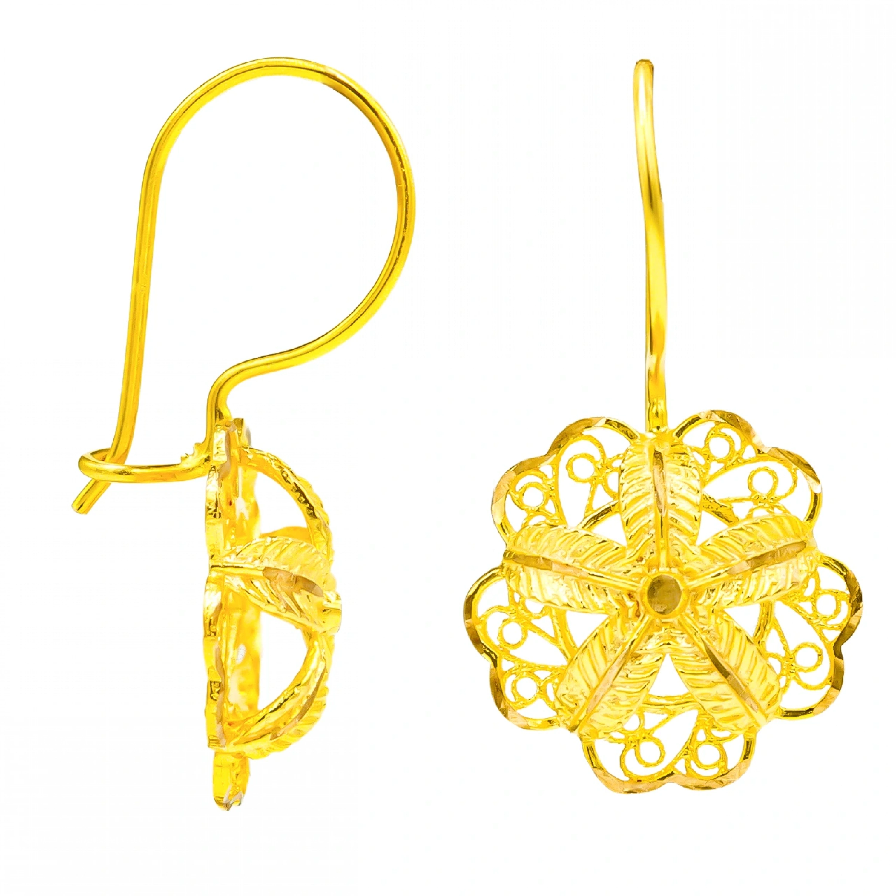 Çiçek Desenli Sallantılı 22 Ayar Altın Küpe