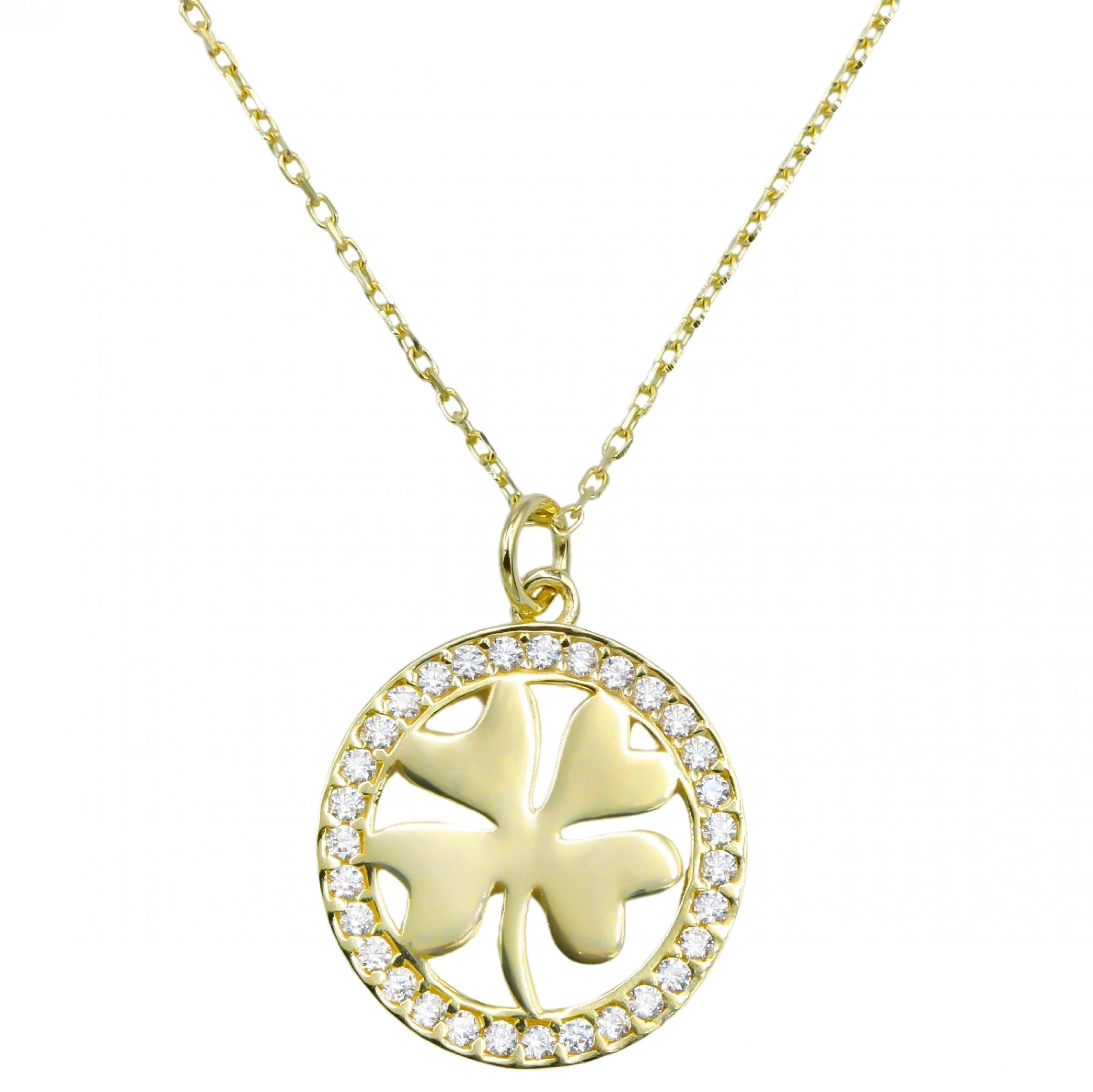 Taşlı Kalp Yonca 8 Ayar Altın Kolye