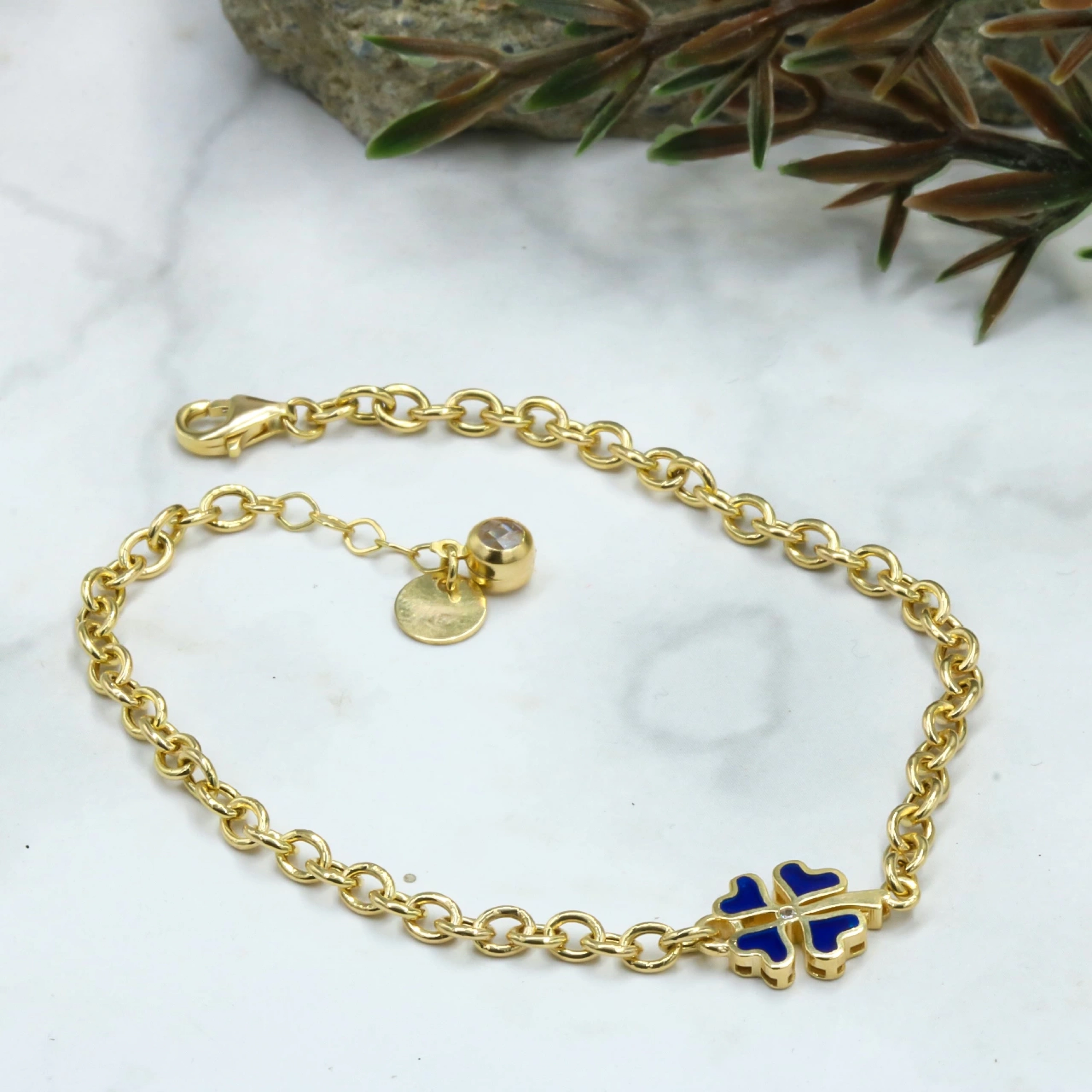 Mavi Renkli Papatya 8 Ayar Altın Bileklik