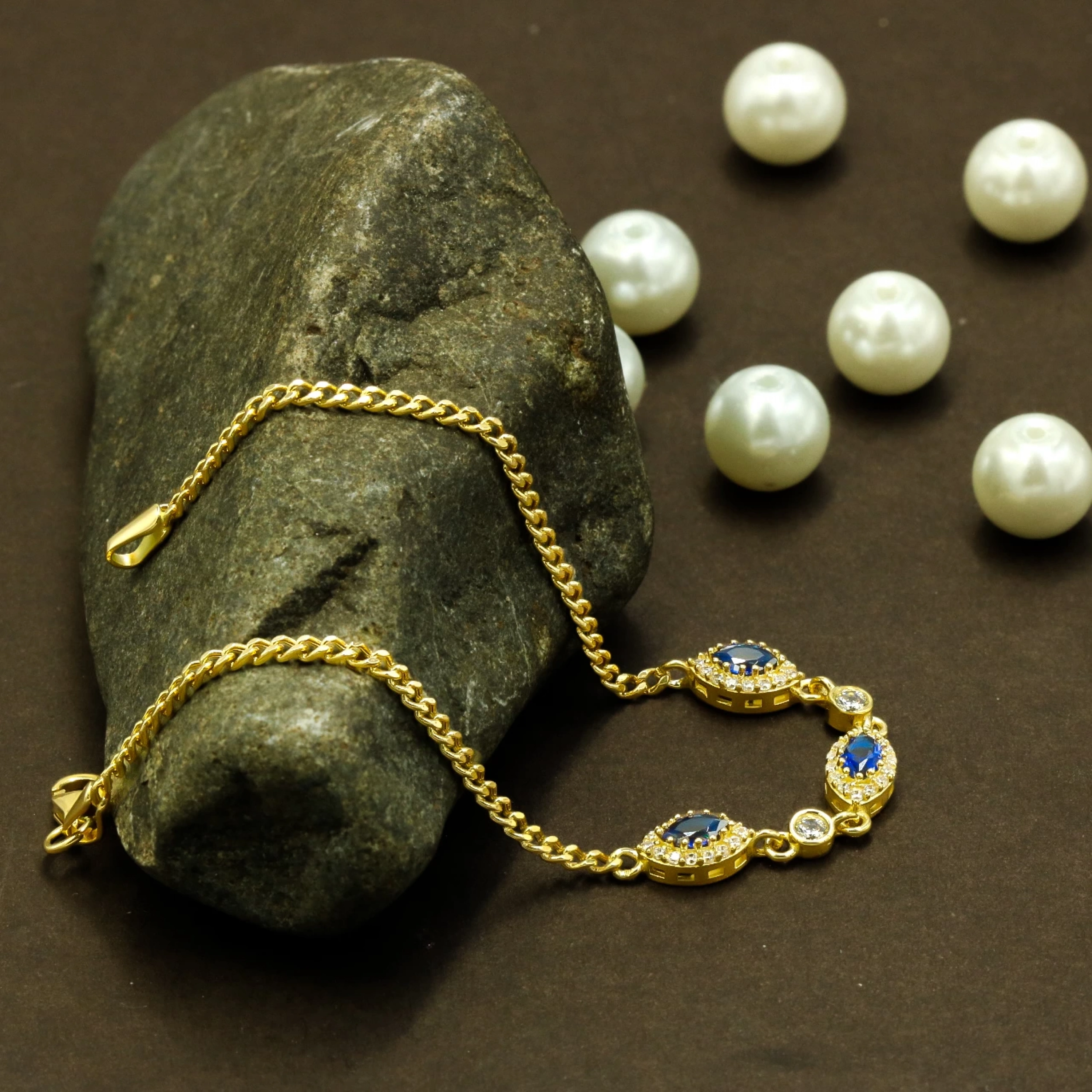 Mavi Taşlı 14 Ayar Altın Bileklik