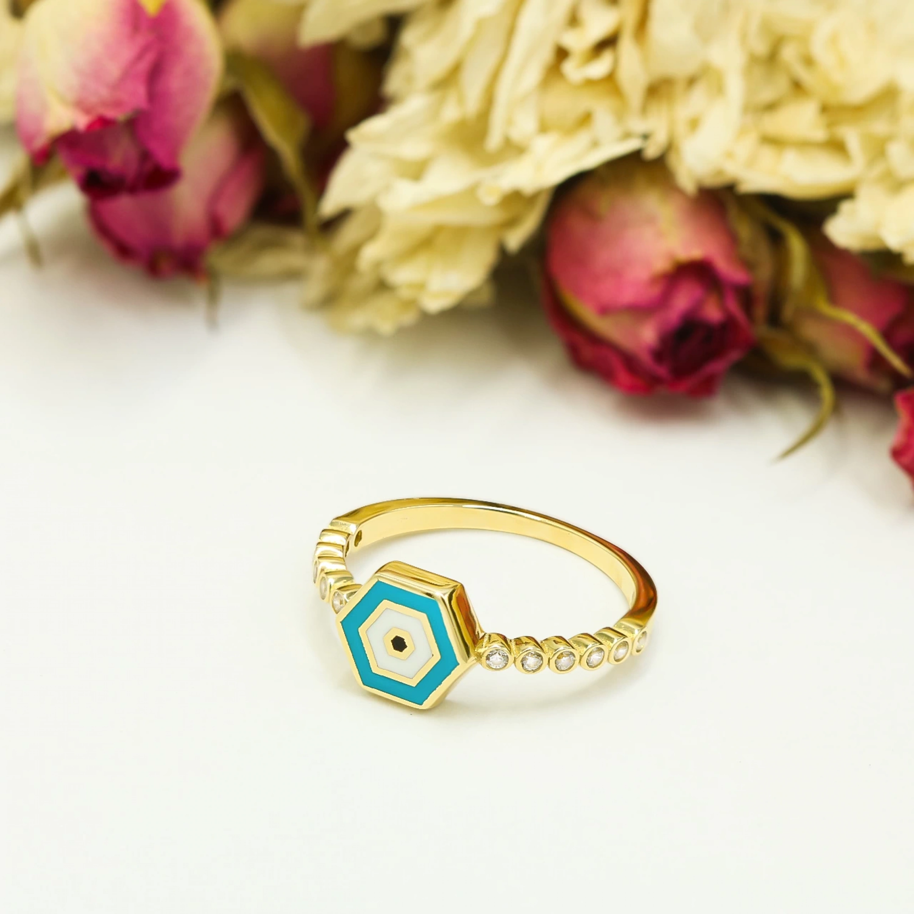 Mavi Mineli 14 Ayar Altın Yüzük