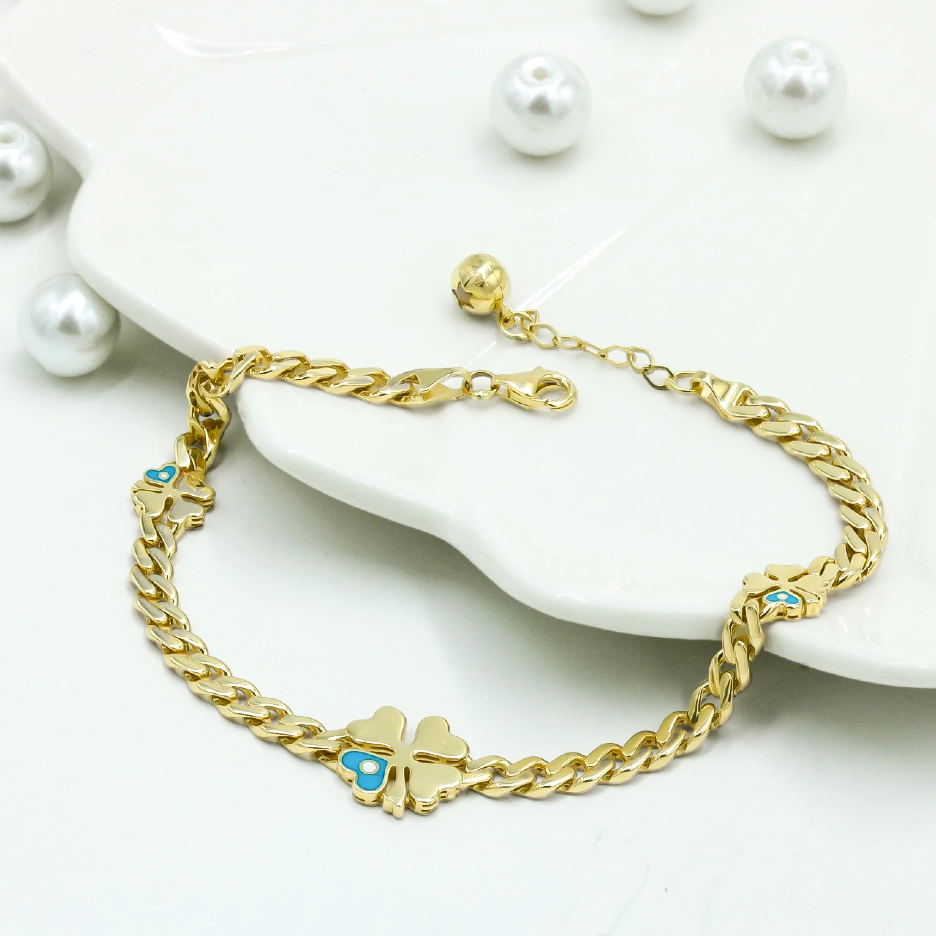 Mineli Detaylı Yonca 14 Ayar Altın Bileklik