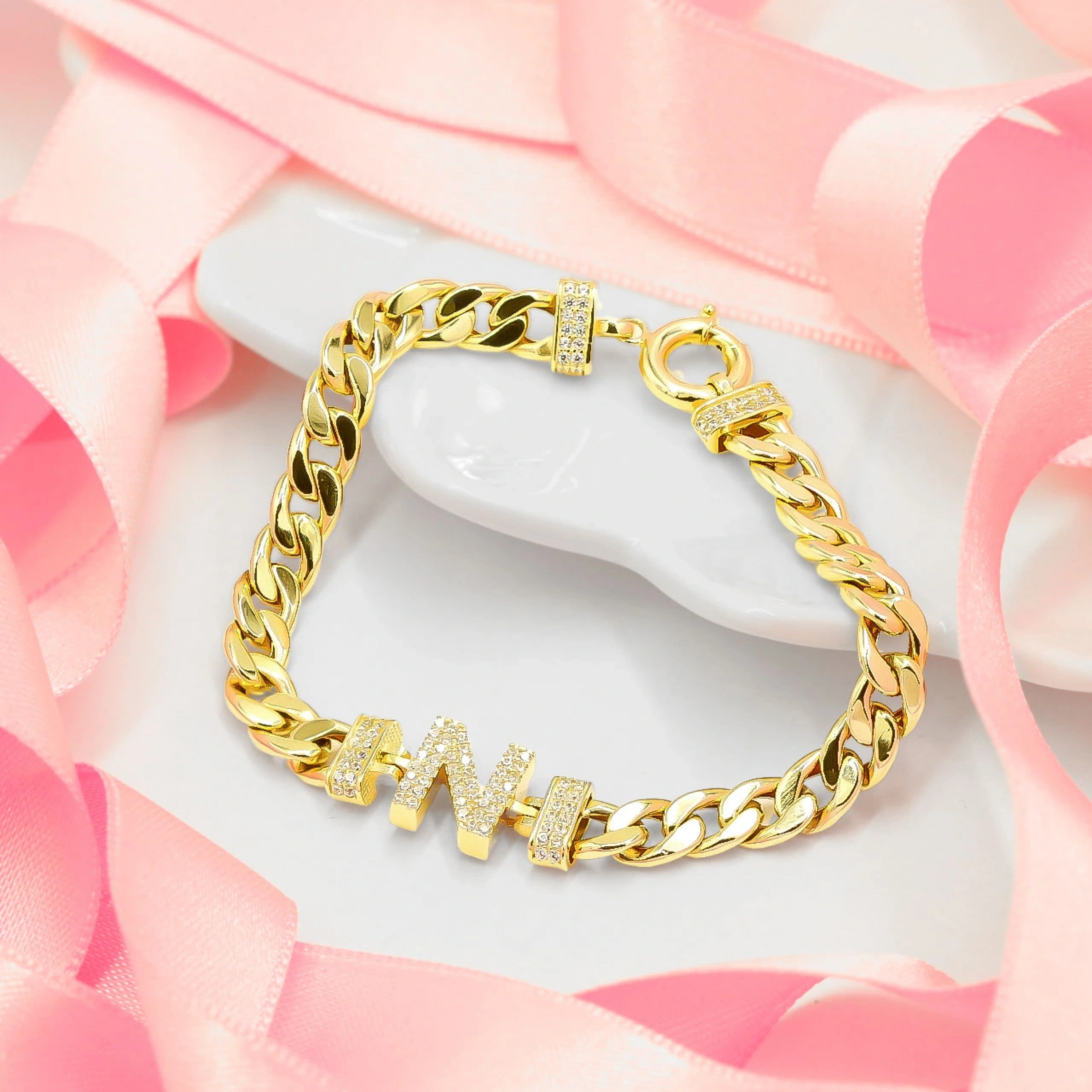 N Harfli Taşlı 14 Ayar Altın Bileklik