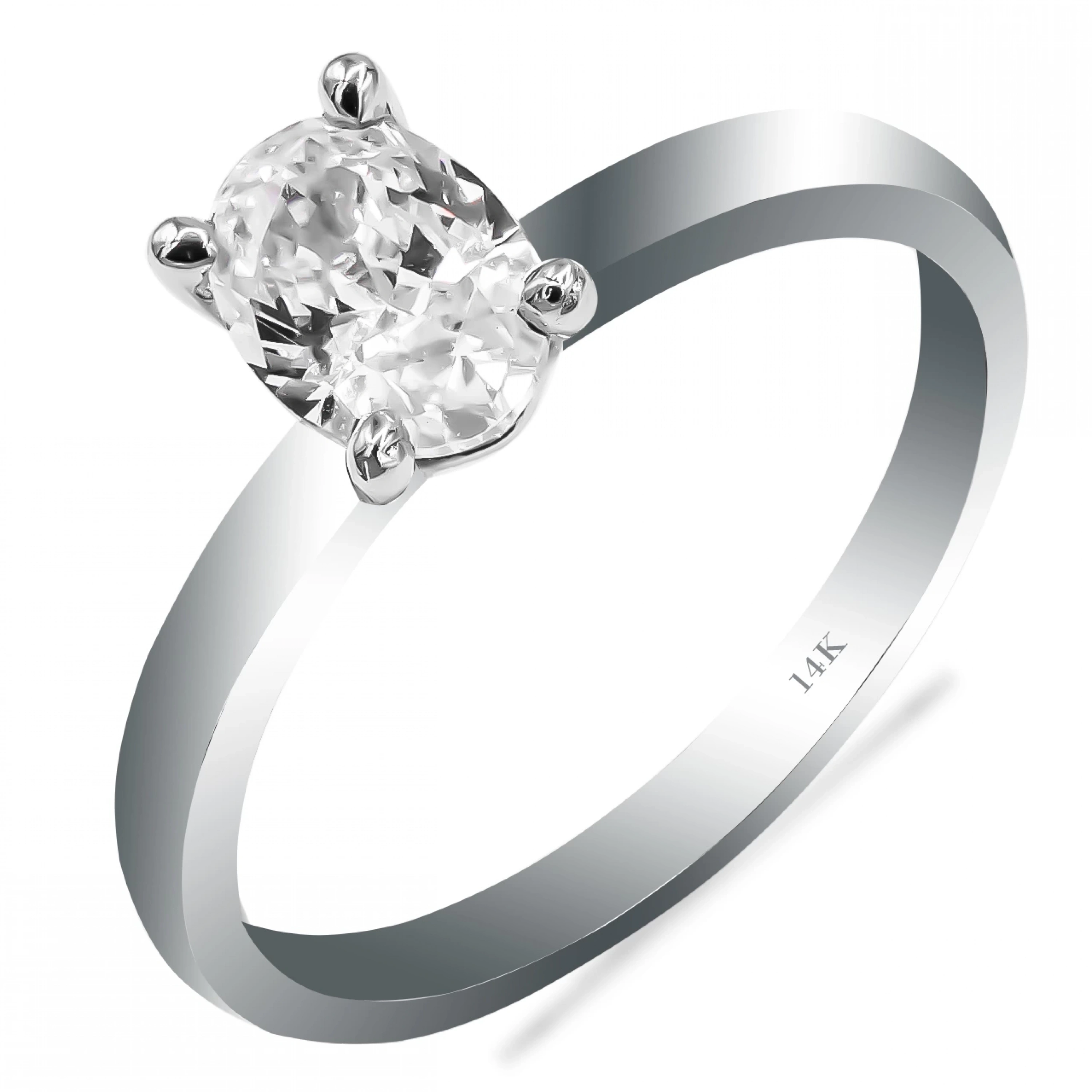 Oval 14 Ayar Beyaz Tektaş Altın Yüzük