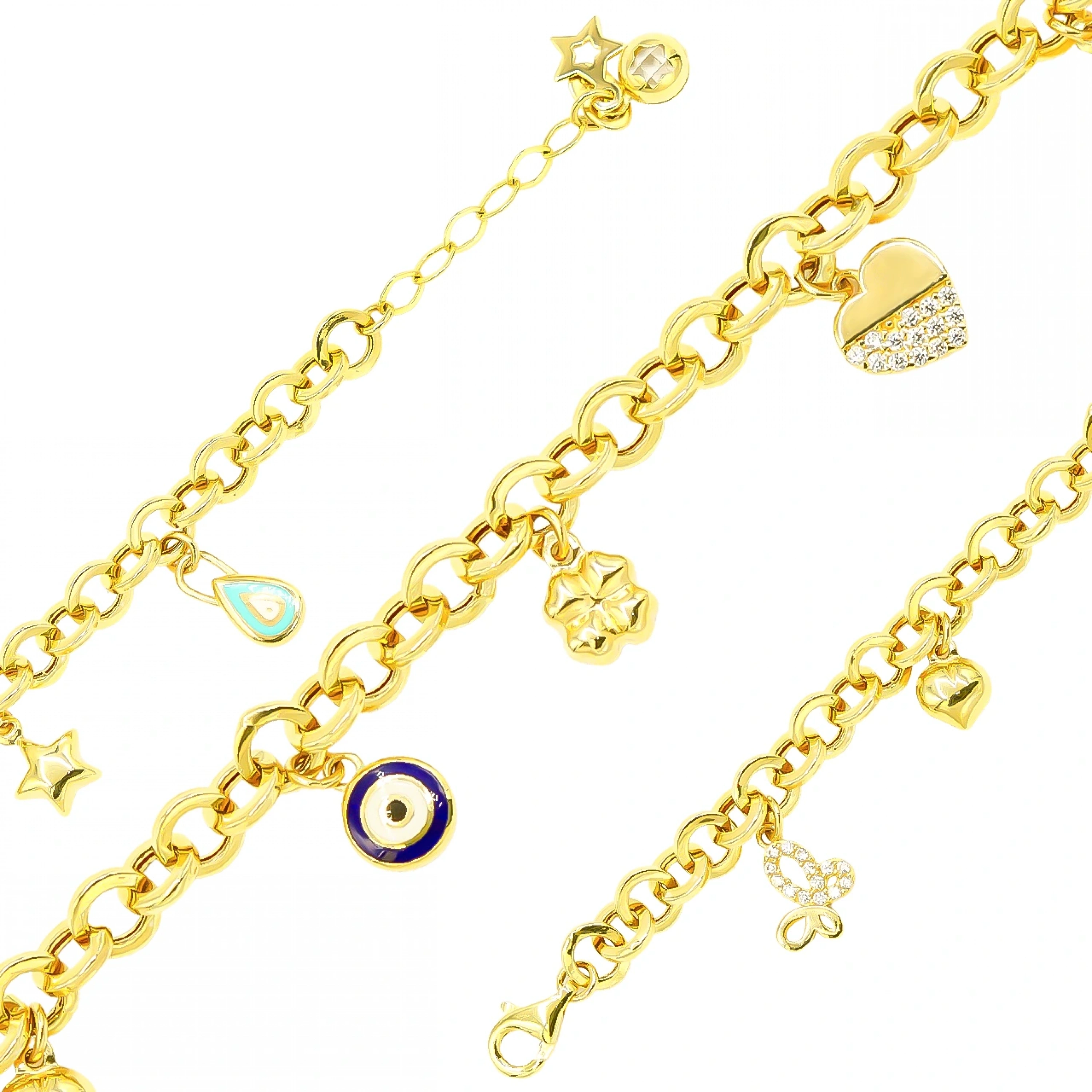 14 Ayar Sevgi Bilekliği Kalp Yonca Charmlı