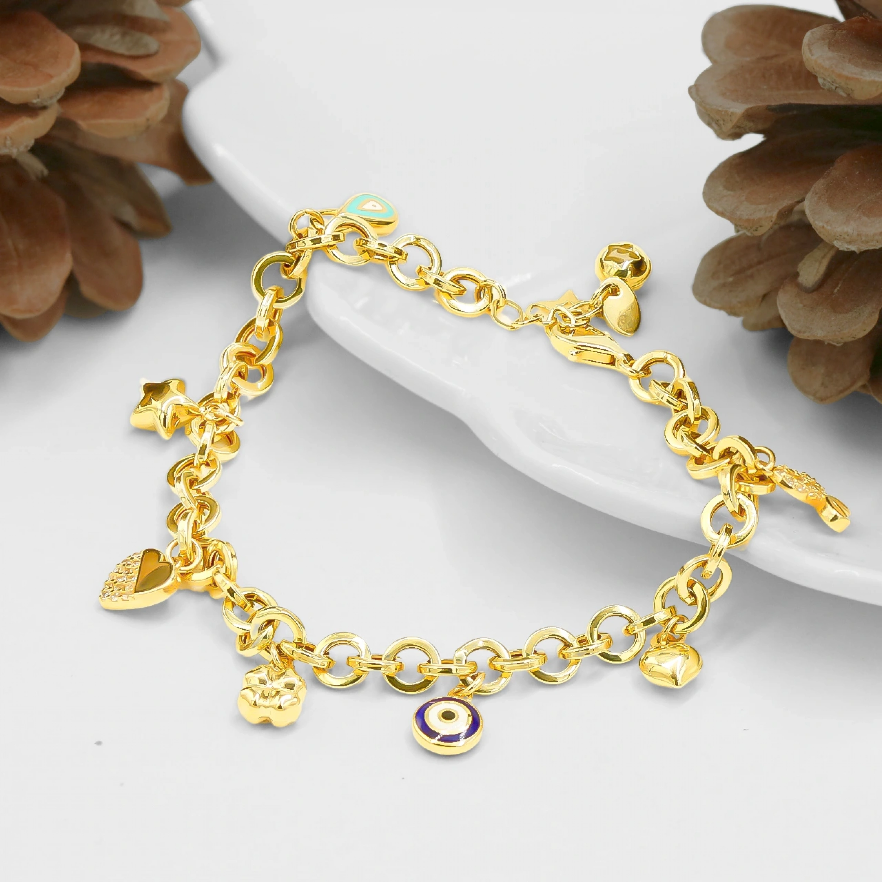 14 Ayar Sevgi Bilekliği Kalp Yonca Charmlı