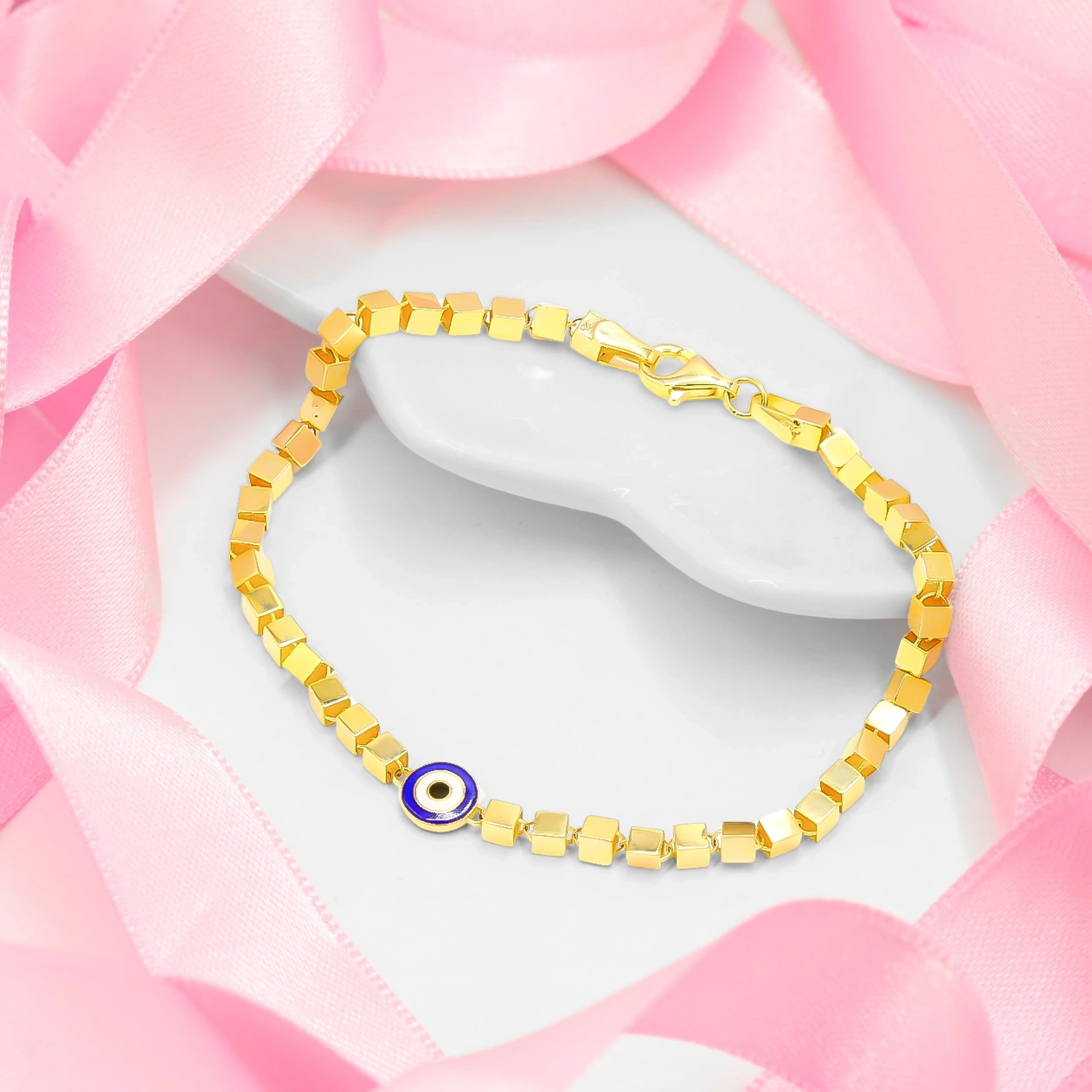 Nazar Boncuklu Kare 14 Ayar Altın Bileklik