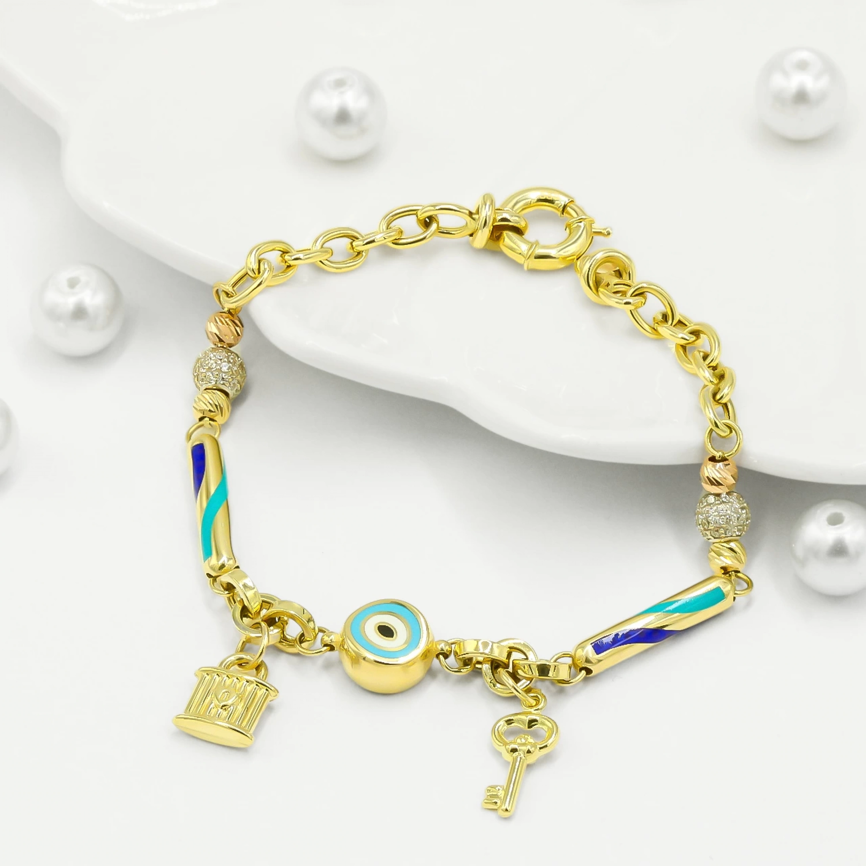 Sallantılı Charm 14 Ayar Altın Bileklik