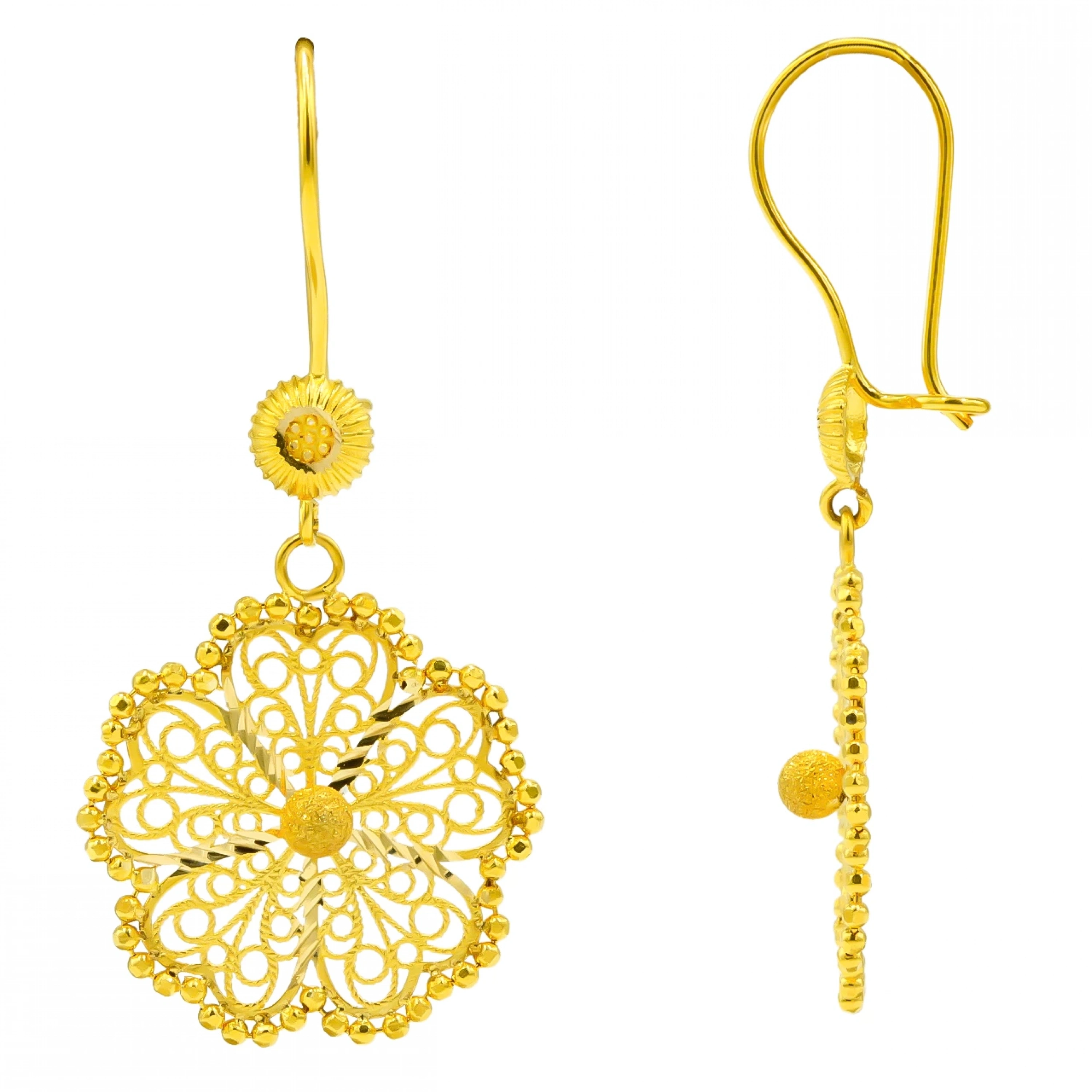 İşlemeli Sallantılı Yonca 14 Ayar Altın Küpe