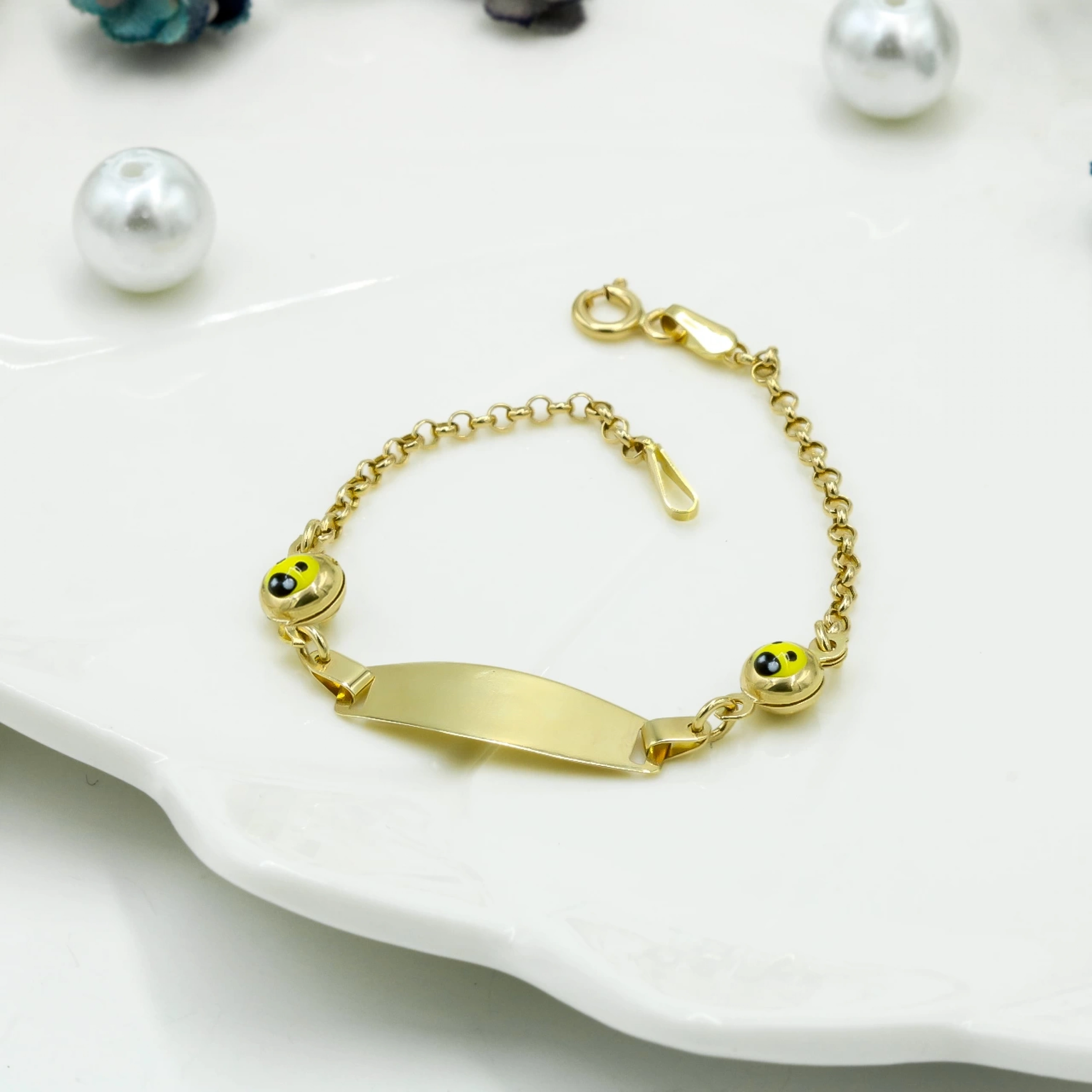 Sarı Uğur Böcek Plakalı 14 Ayar Altın Bileklik