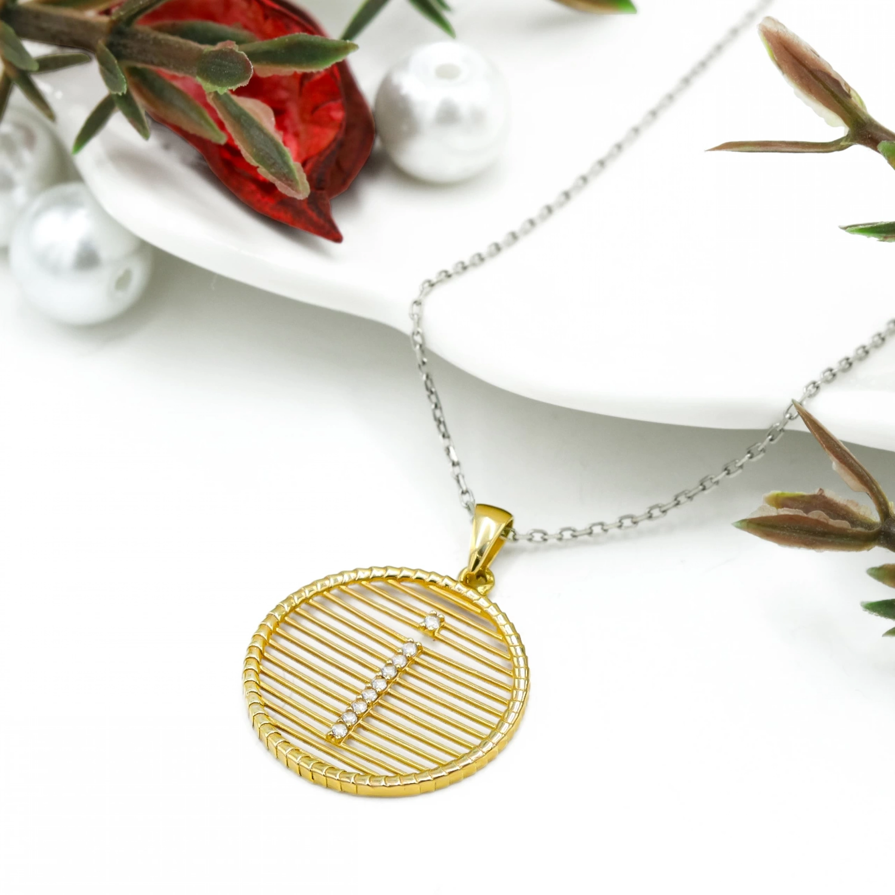 Taşlı İ Harfi 8 Ayar Kolye Ucu