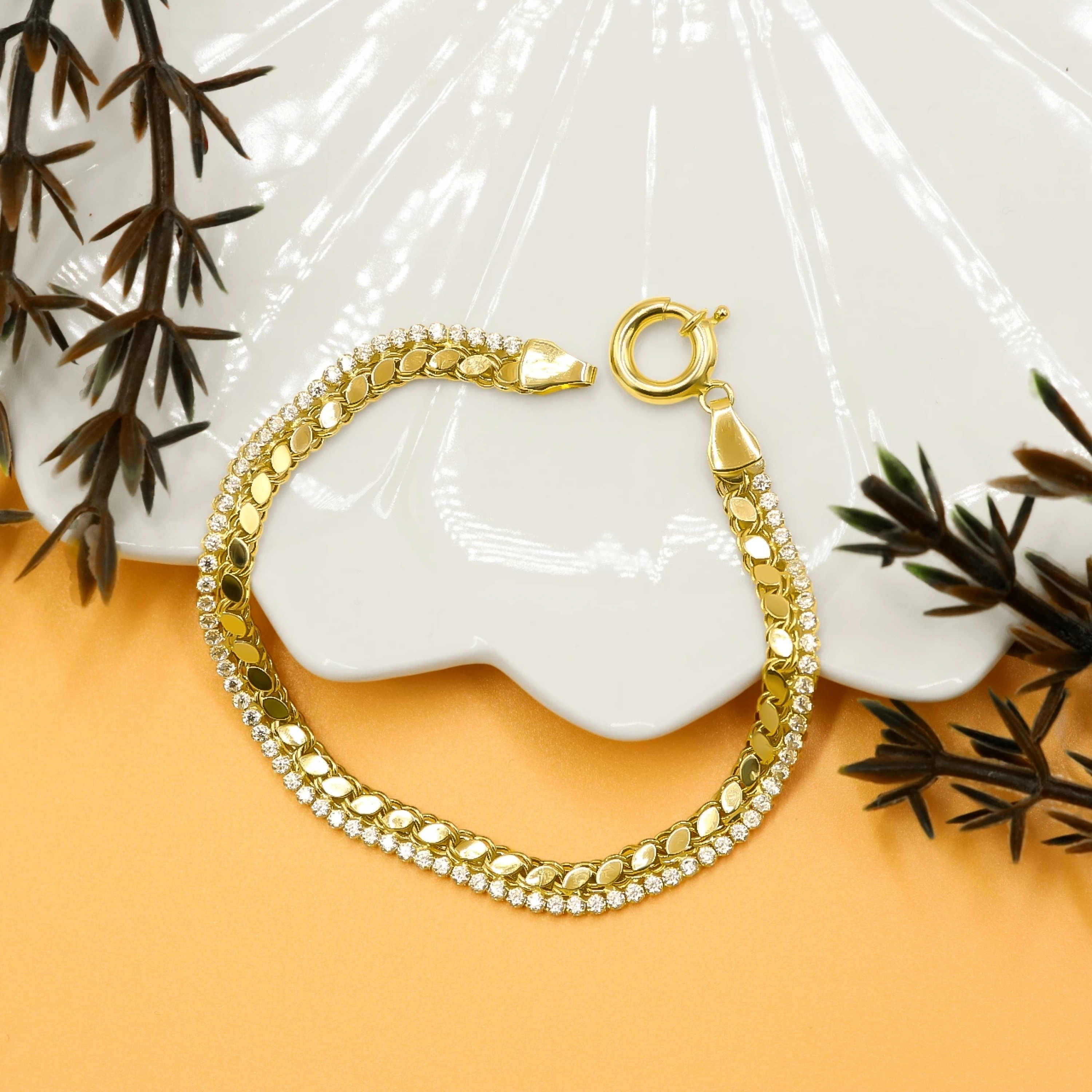 Taşlı Pullu 14 Ayar Altın Bileklik