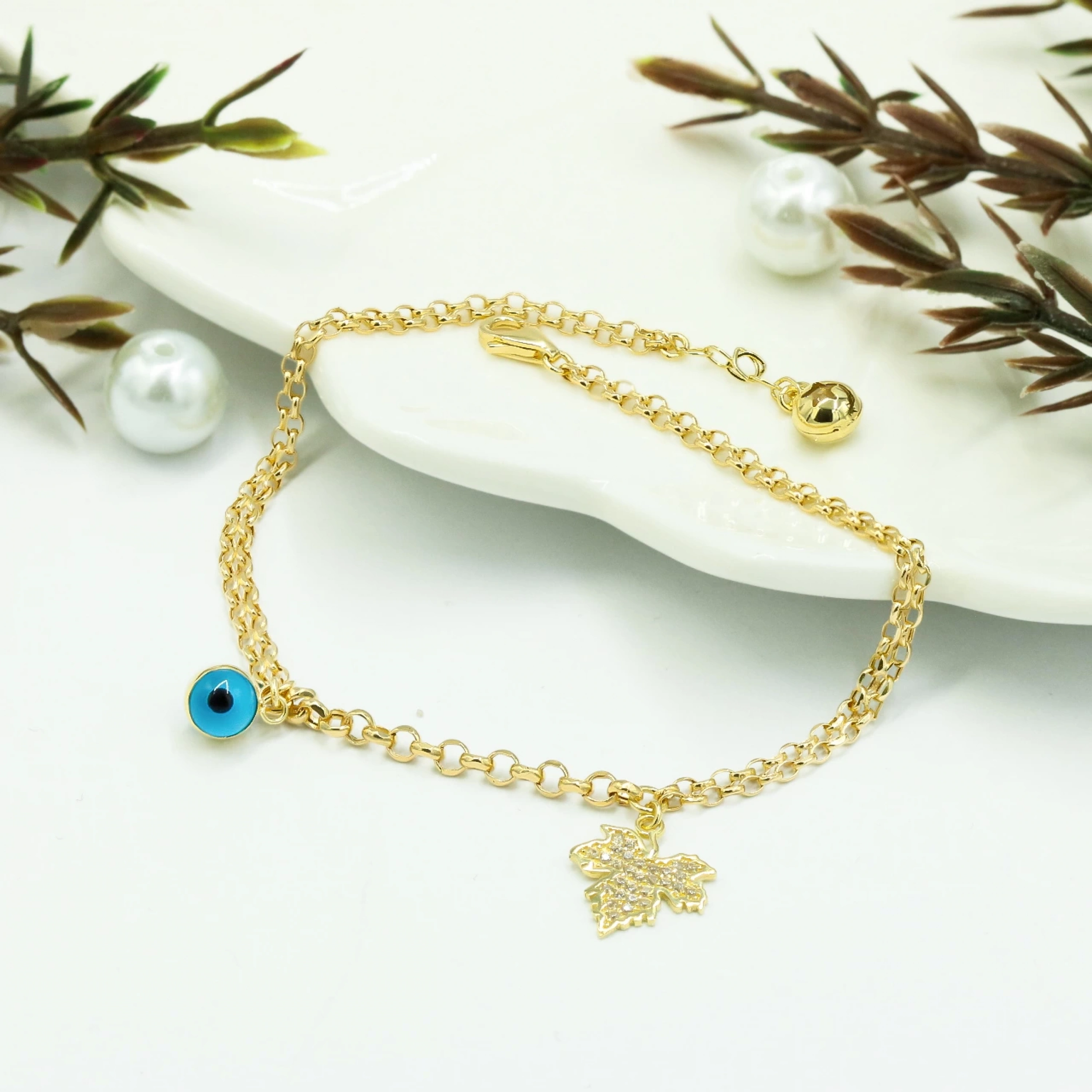 Yaprak Desenli 14 Ayar Altın Bileklik