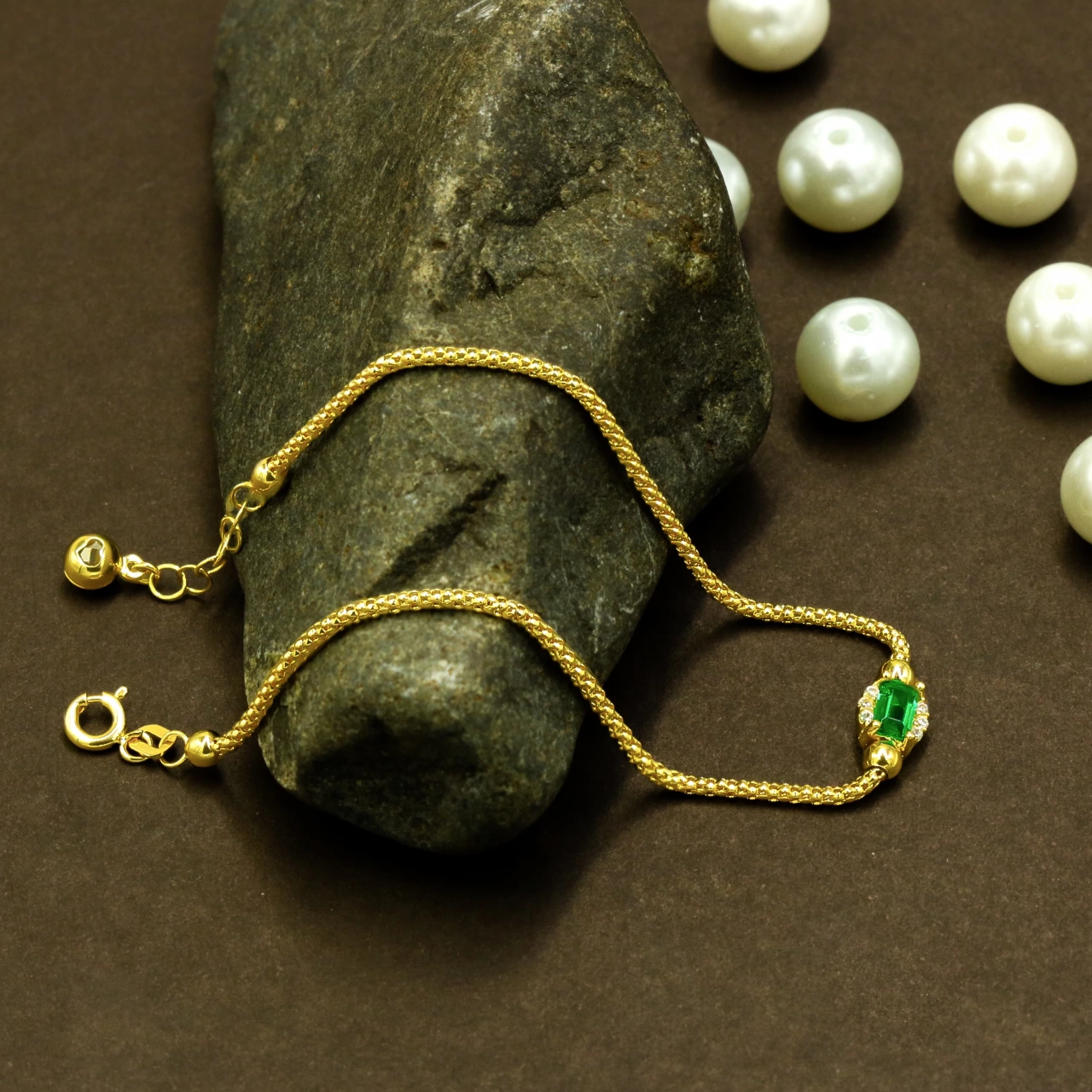 Yeşil Taşlı 14 Ayar Altın Bileklik