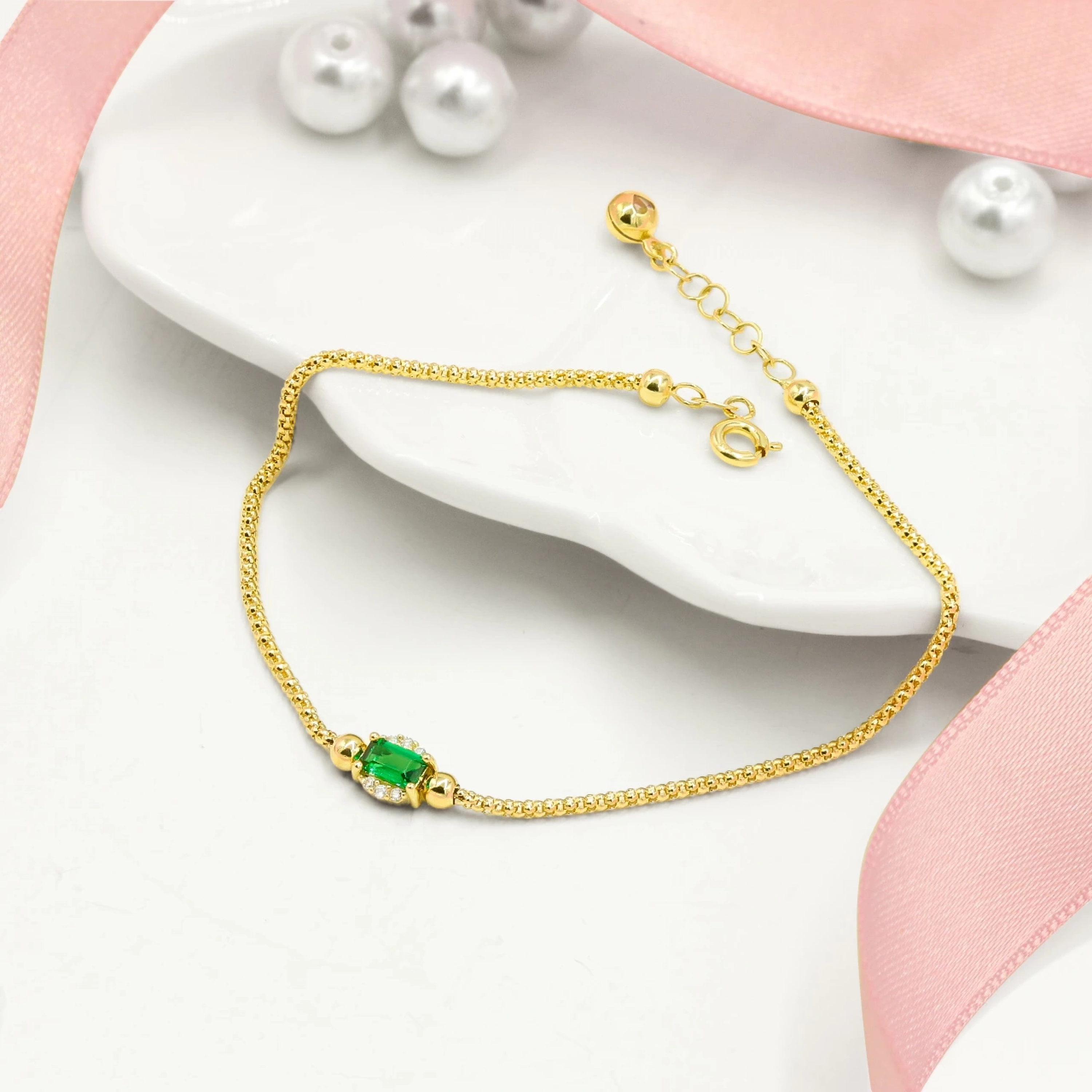 Yeşil Taşlı 14 Ayar Altın Bileklik