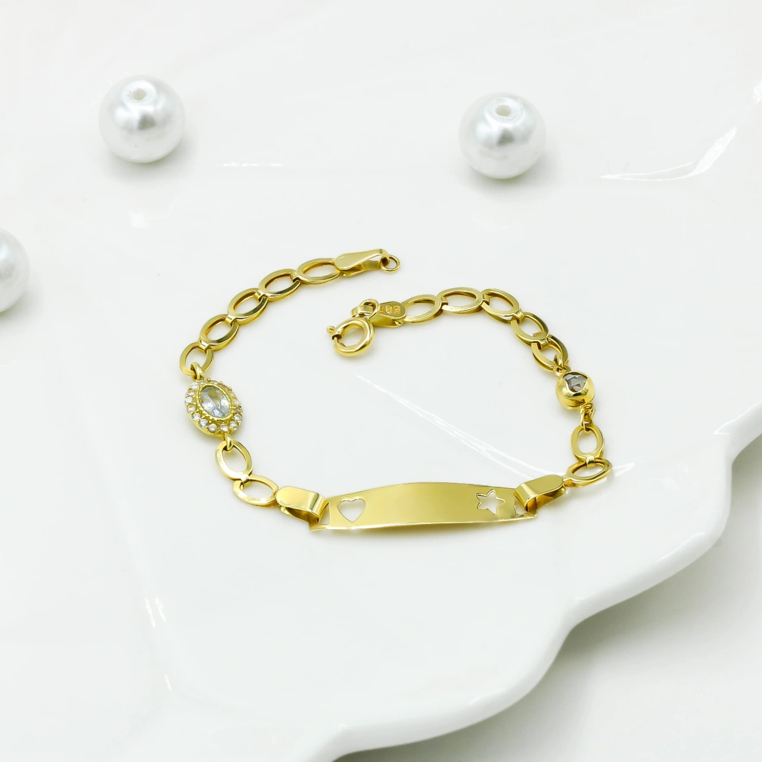 Yıldız Kalp Plakalı Taşlı 14 Ayar Altın Çocuk Künyesi