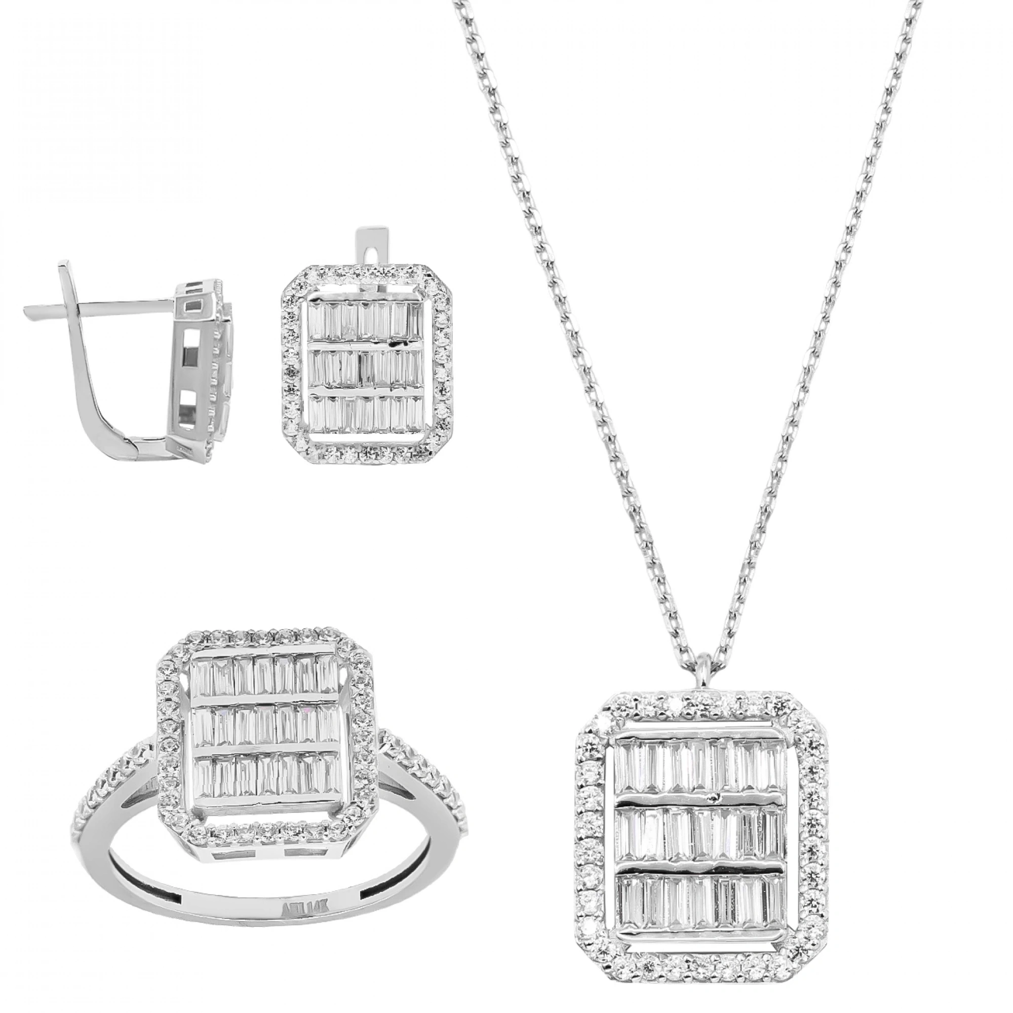 14 Ayar Beyaz Altın Baget Taşlı Spor Set