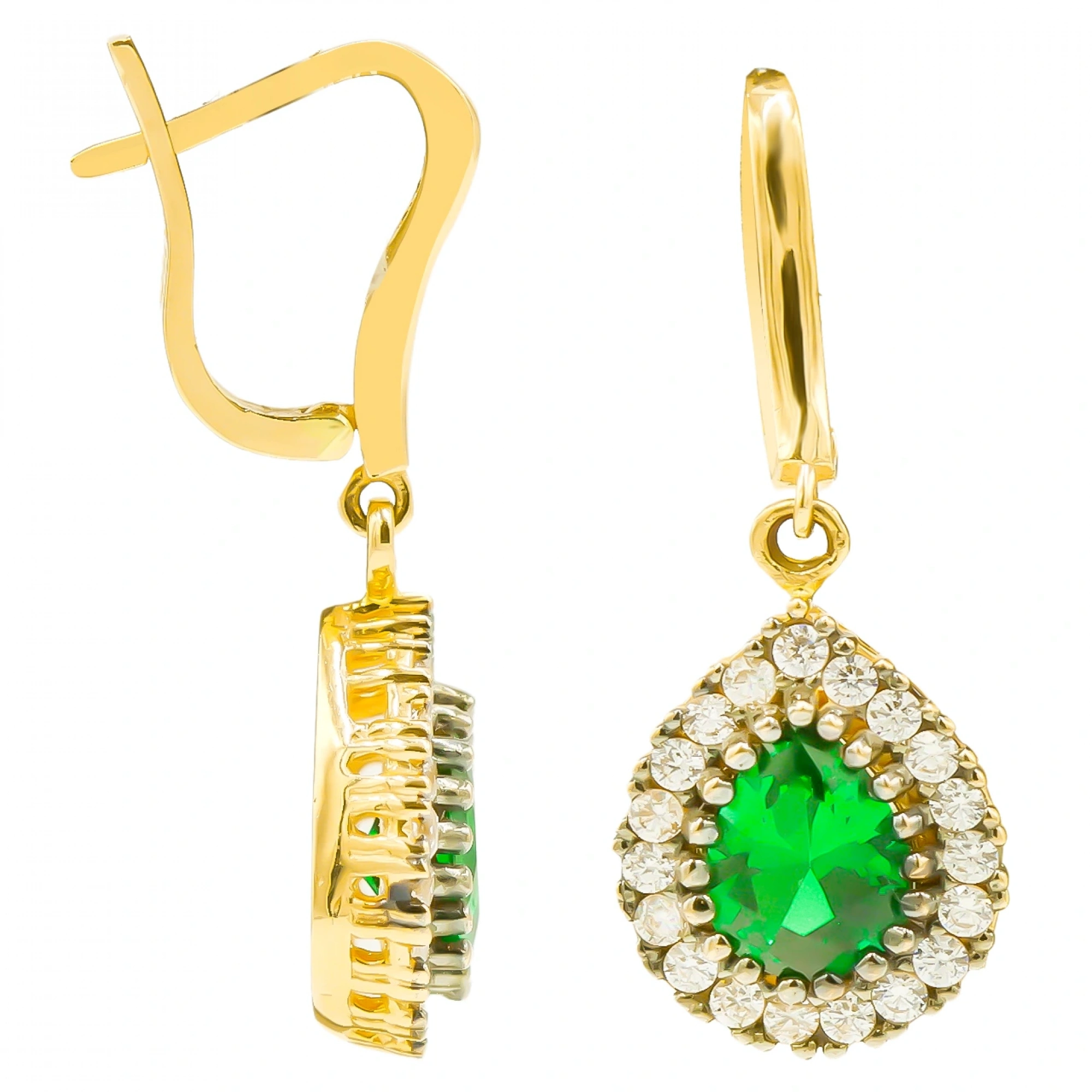 Yeşil Damla Taşlı 14 Ayar Klipsli Altın Küpe