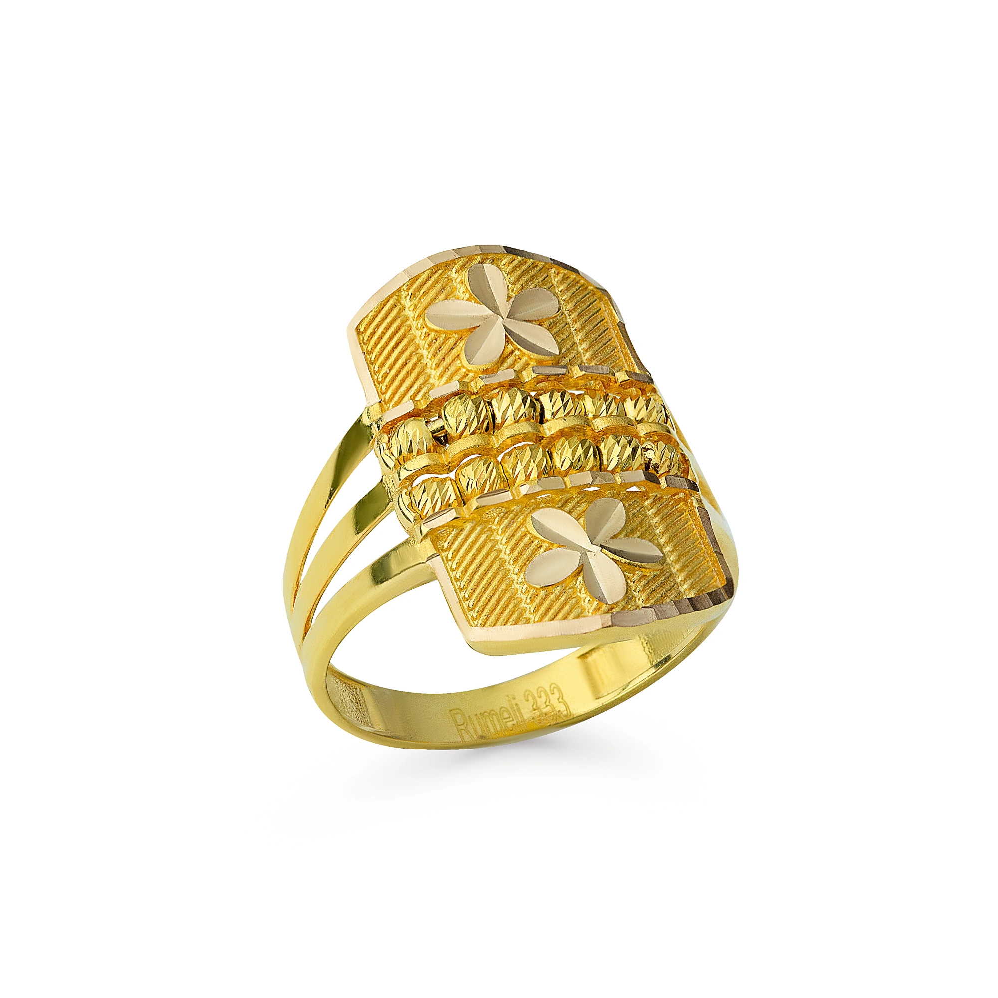 Hasır Sıralı Çiçekli 8 Ayar Altın Yüzük