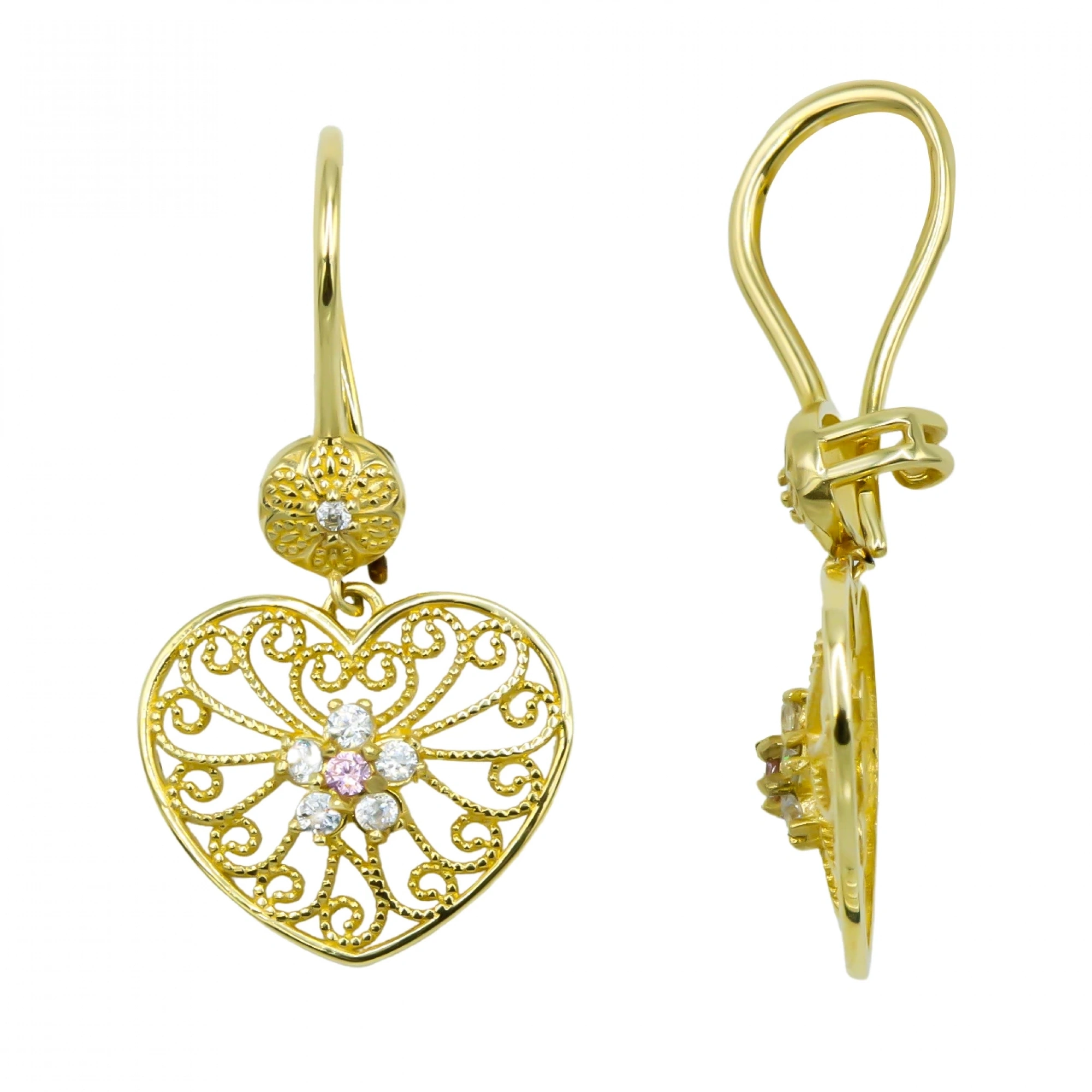 Kalp Motifli 14 Ayar Sallantılı Altın Küpe