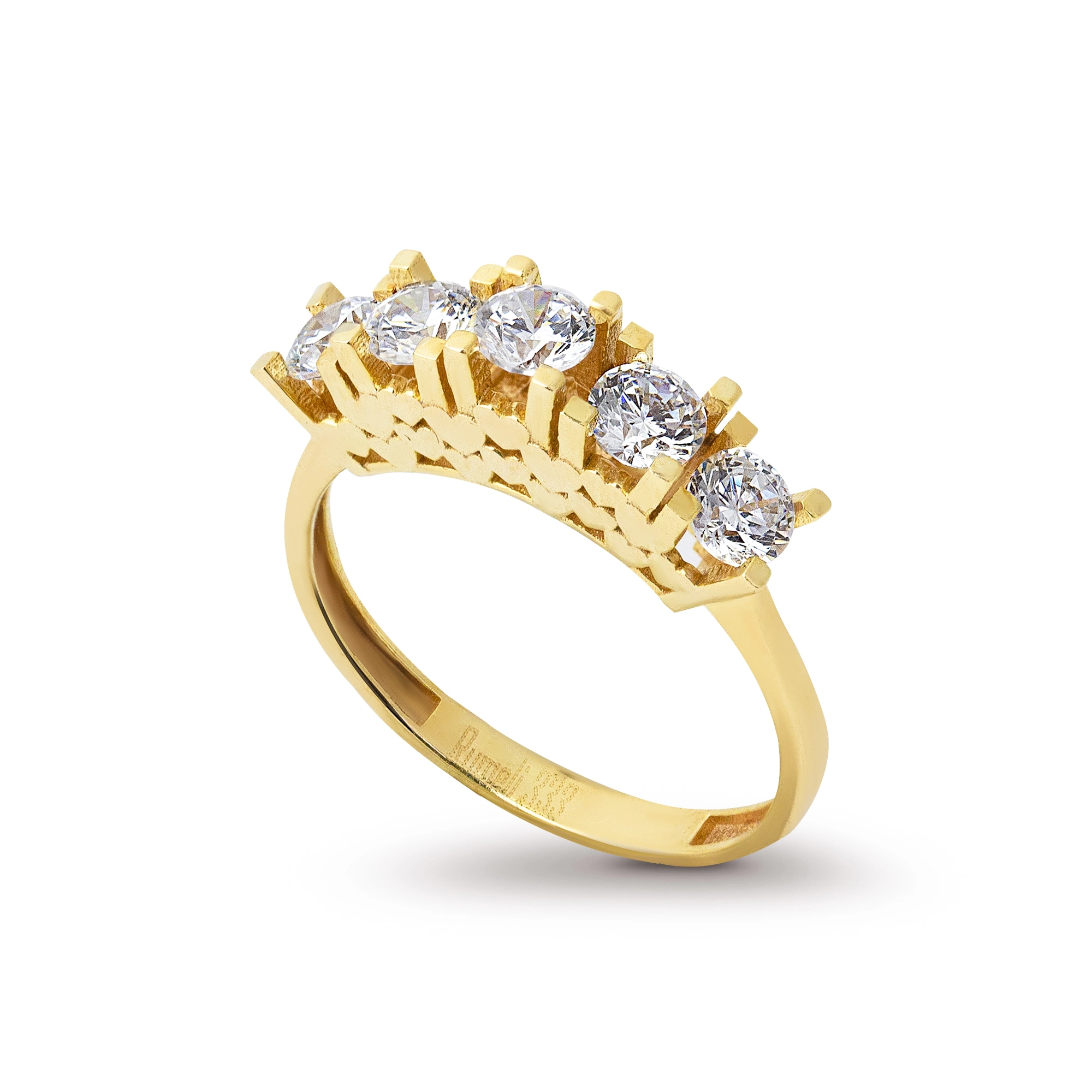 Kalp Motifli Piramit Beştaş 8 Ayar Altın Yüzük