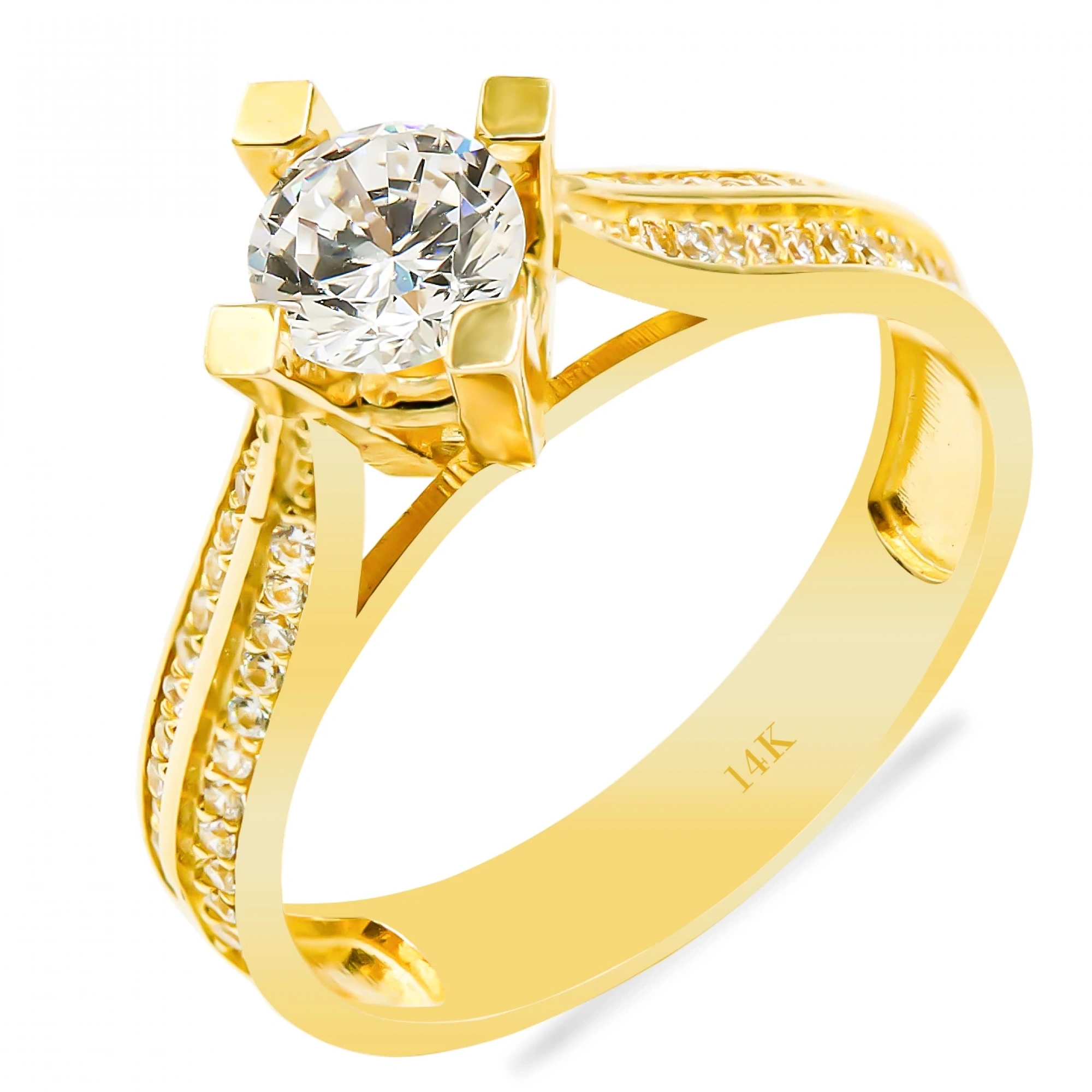 Çift Sıra Taşlı 14 Ayar Tektaş Altın Yüzük