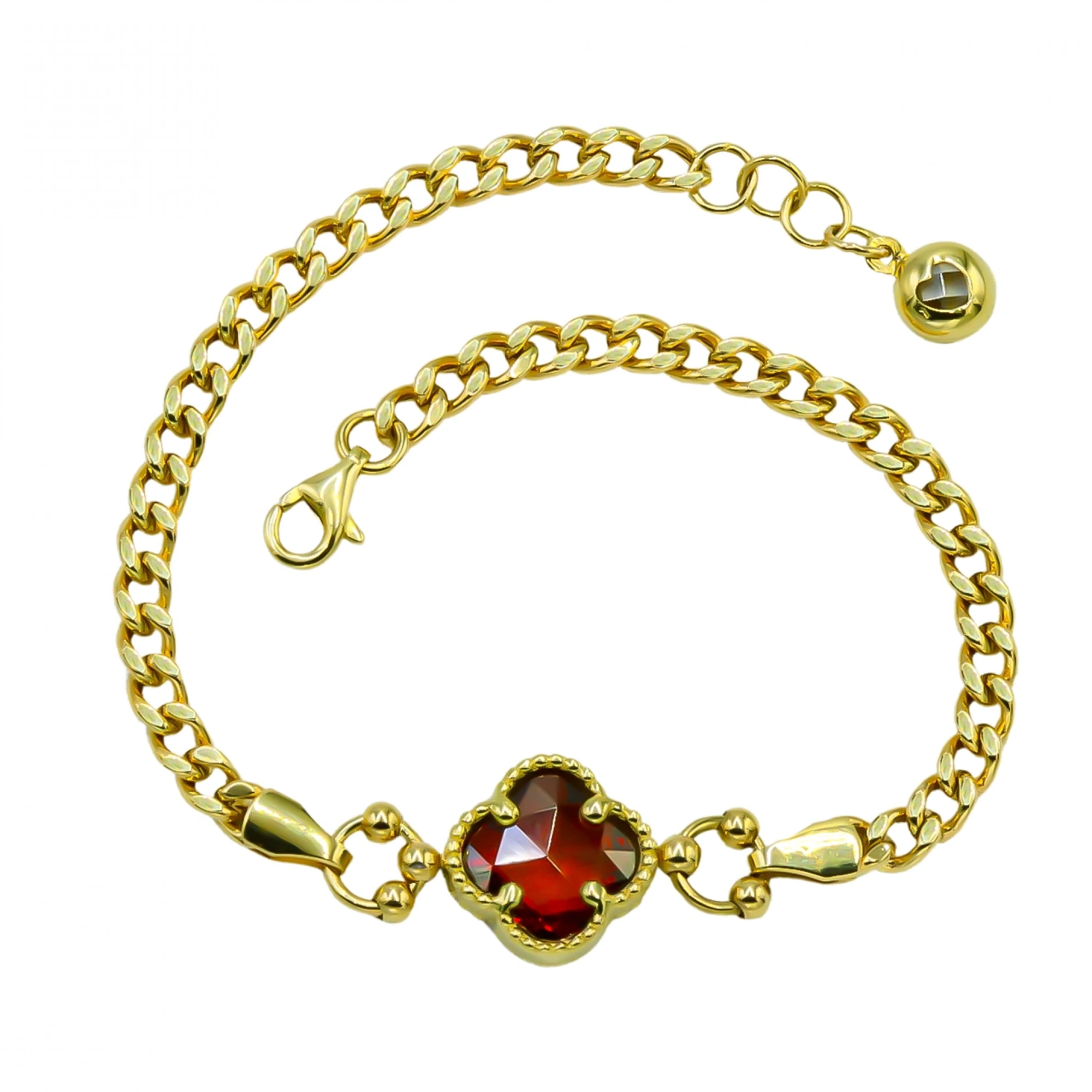 Kırmızı Taşlı Yonca 14 Ayar Altın Bileklik