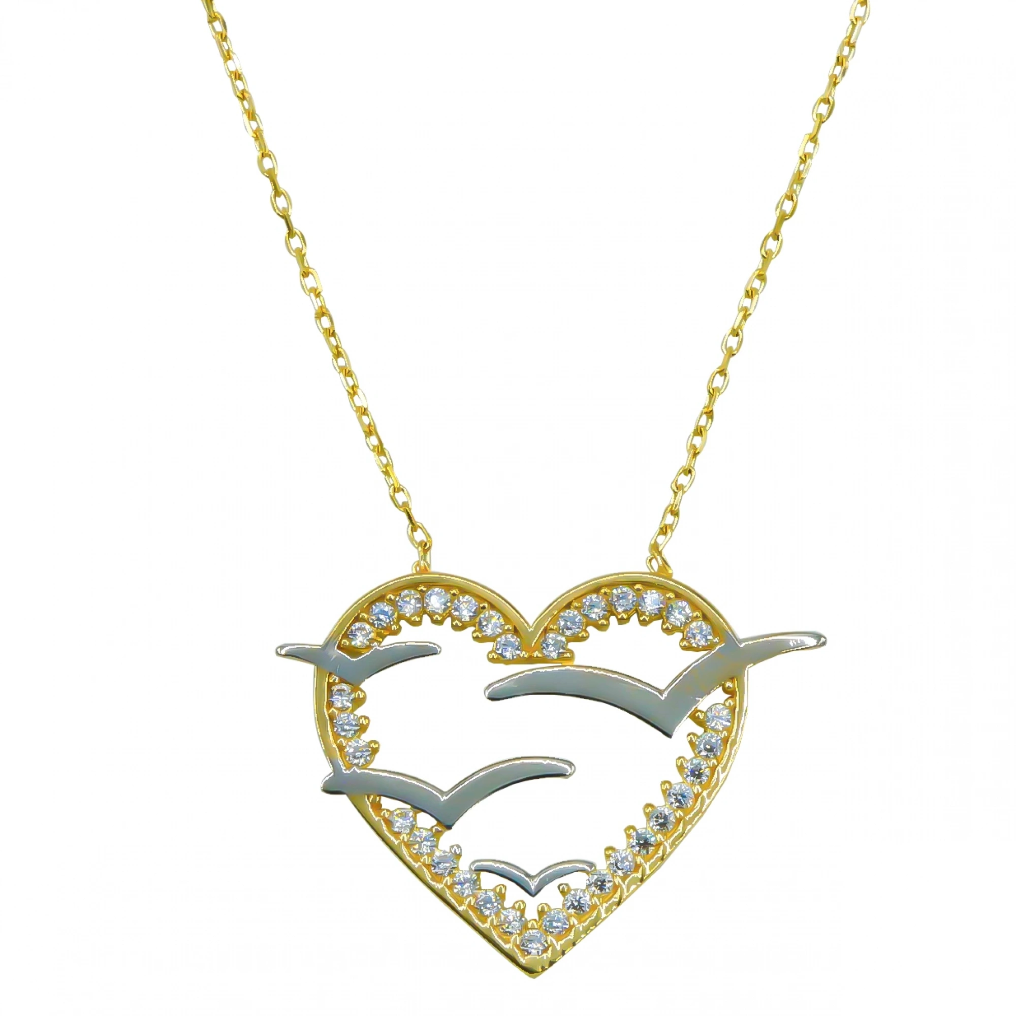 Kuş Figürlü Kalpli 8 Ayar Altın Kolye