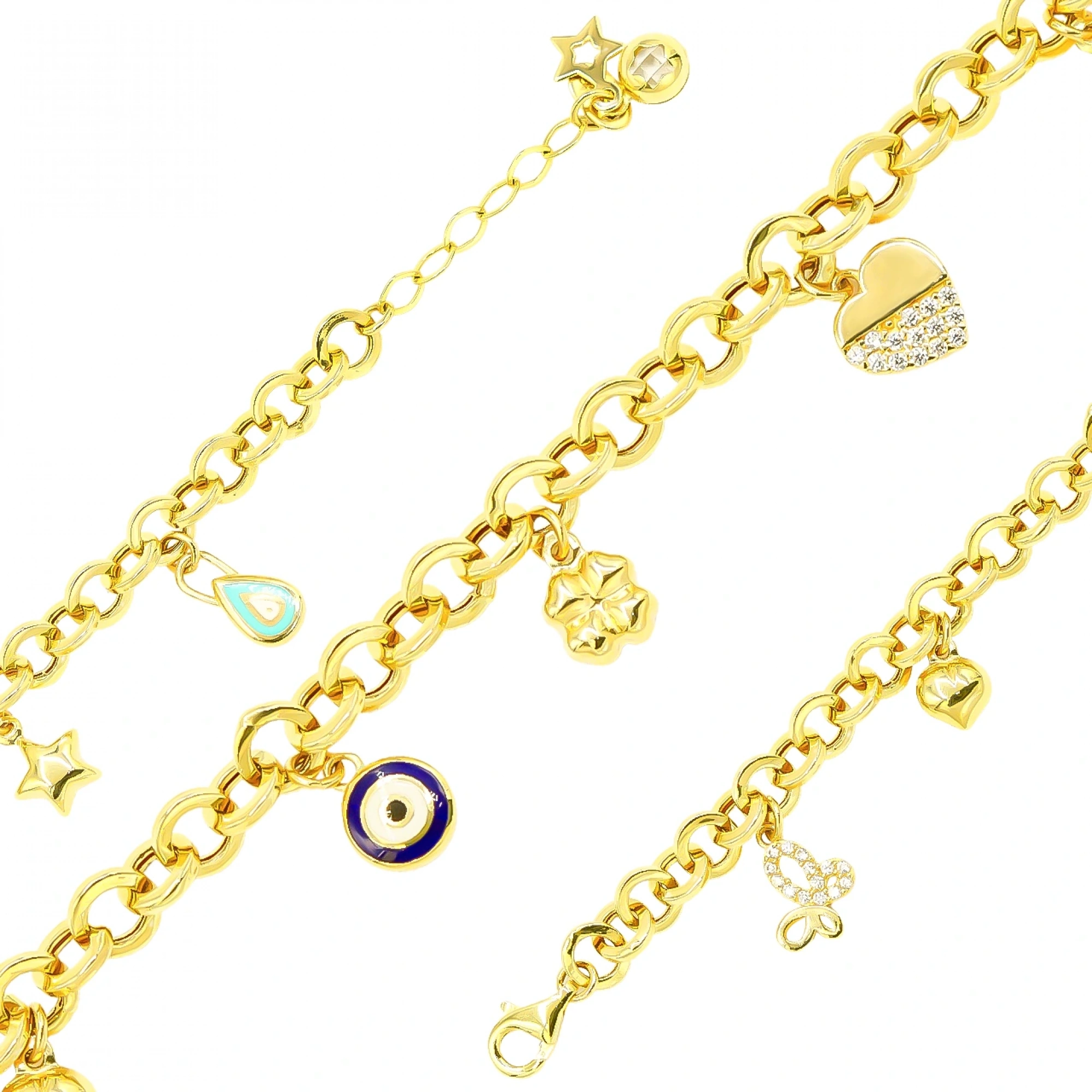 14 Ayar Sevgi Bilekliği Kalp Yonca Charmlı