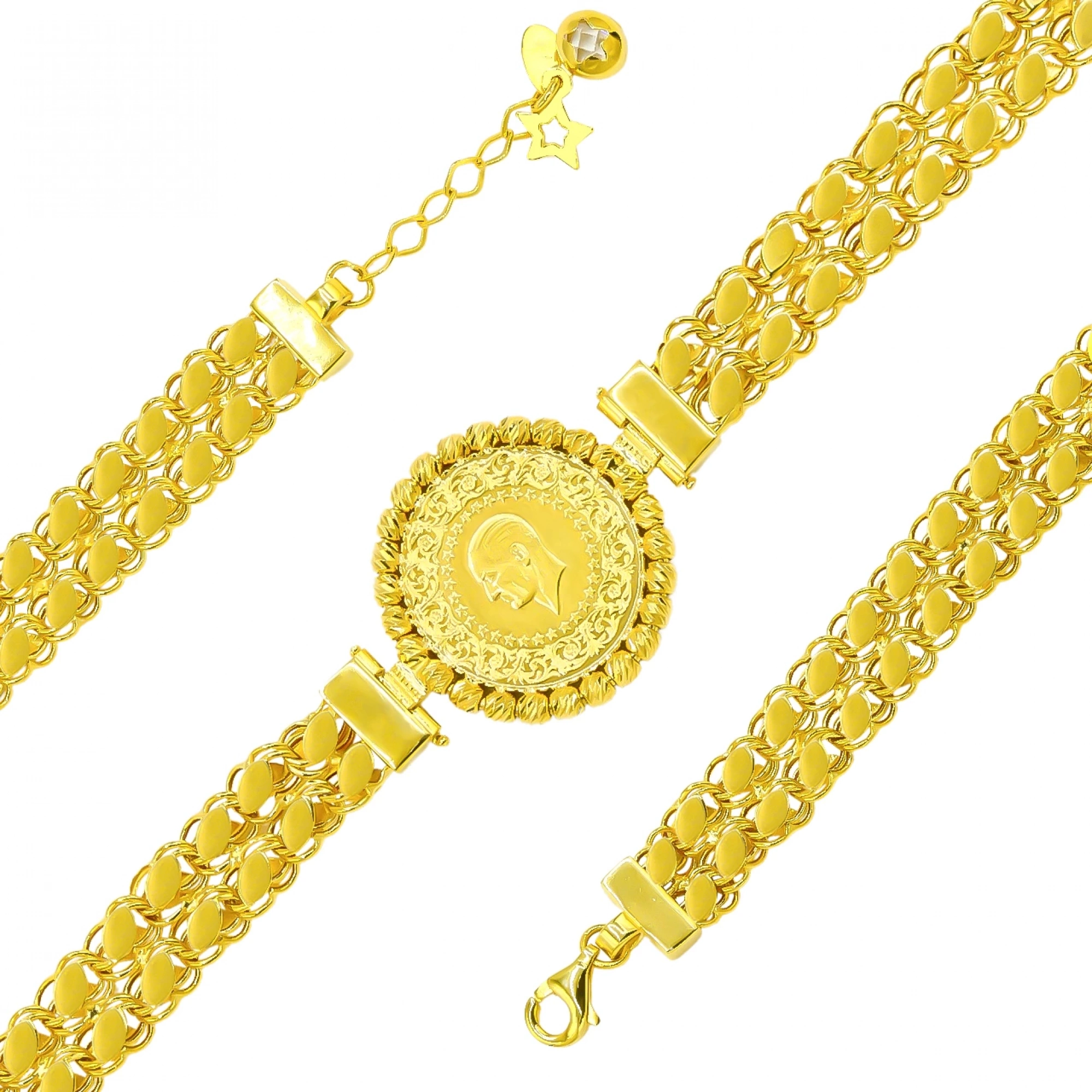 Çift Sıra Pullu Çeyrekli 14 Ayar Altın Bileklik