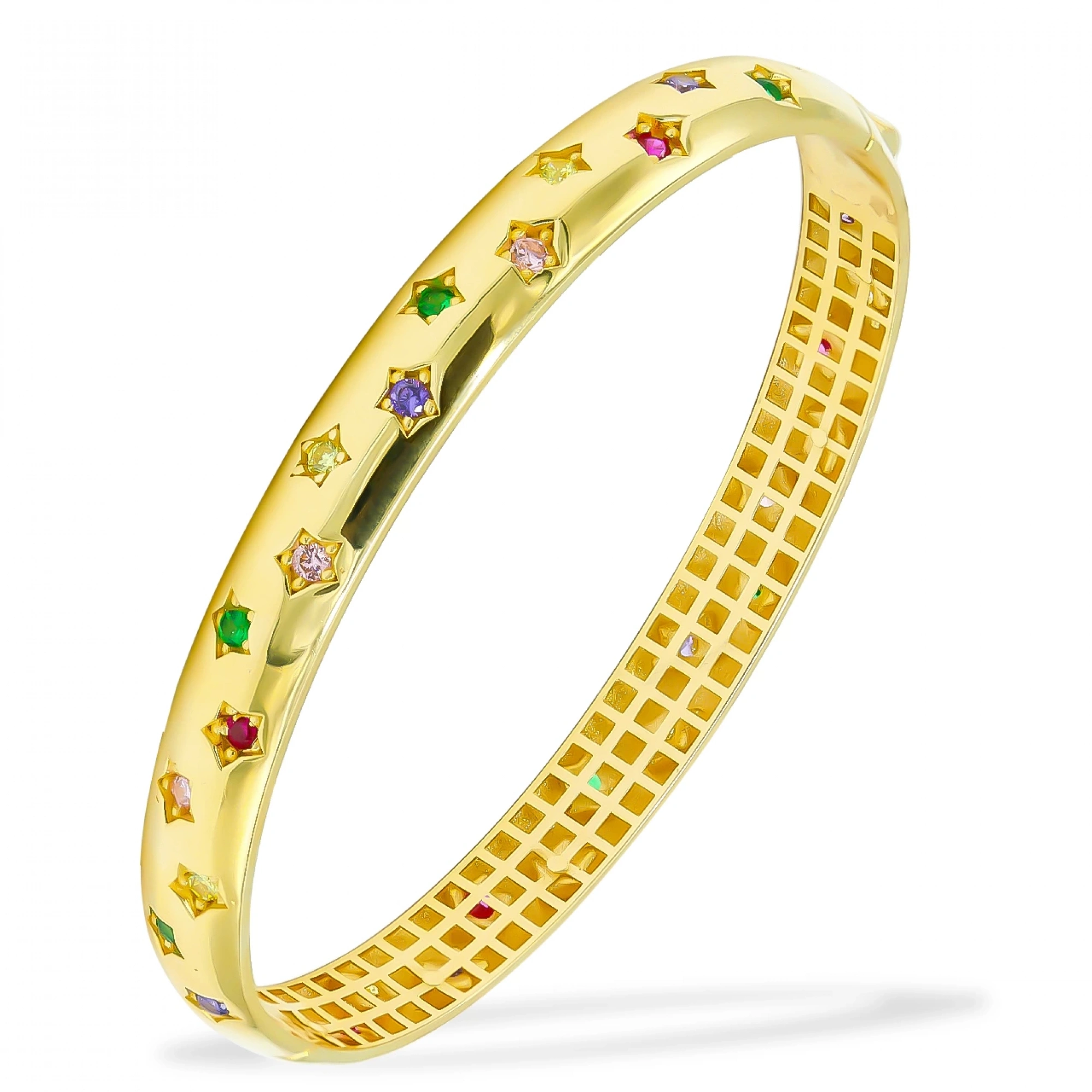 Renkli Taşlı Yıldız 14 Ayar Kelepçe Bilezik