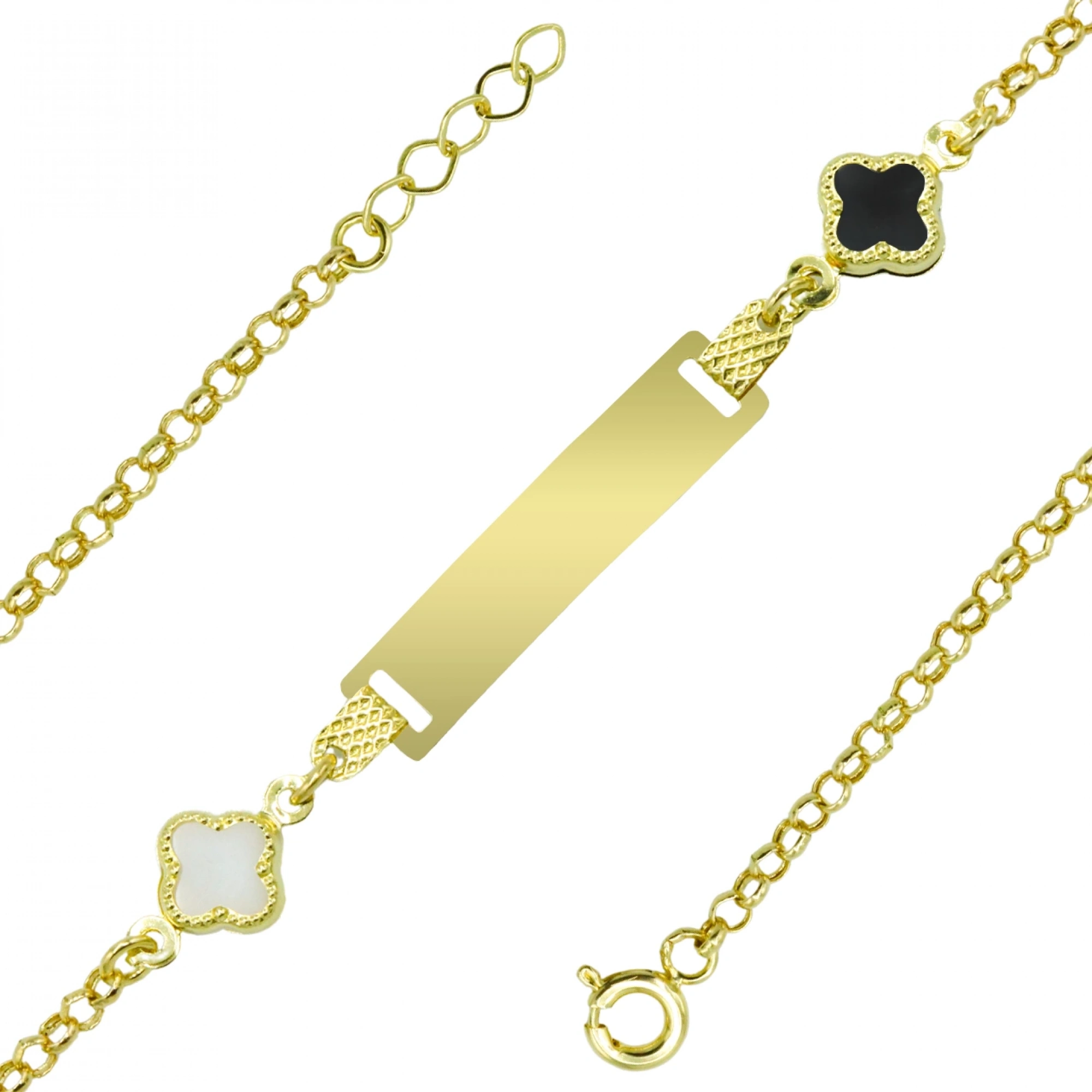 Siyah Beyaz Yonca 14 Ayar Altın Bileklik