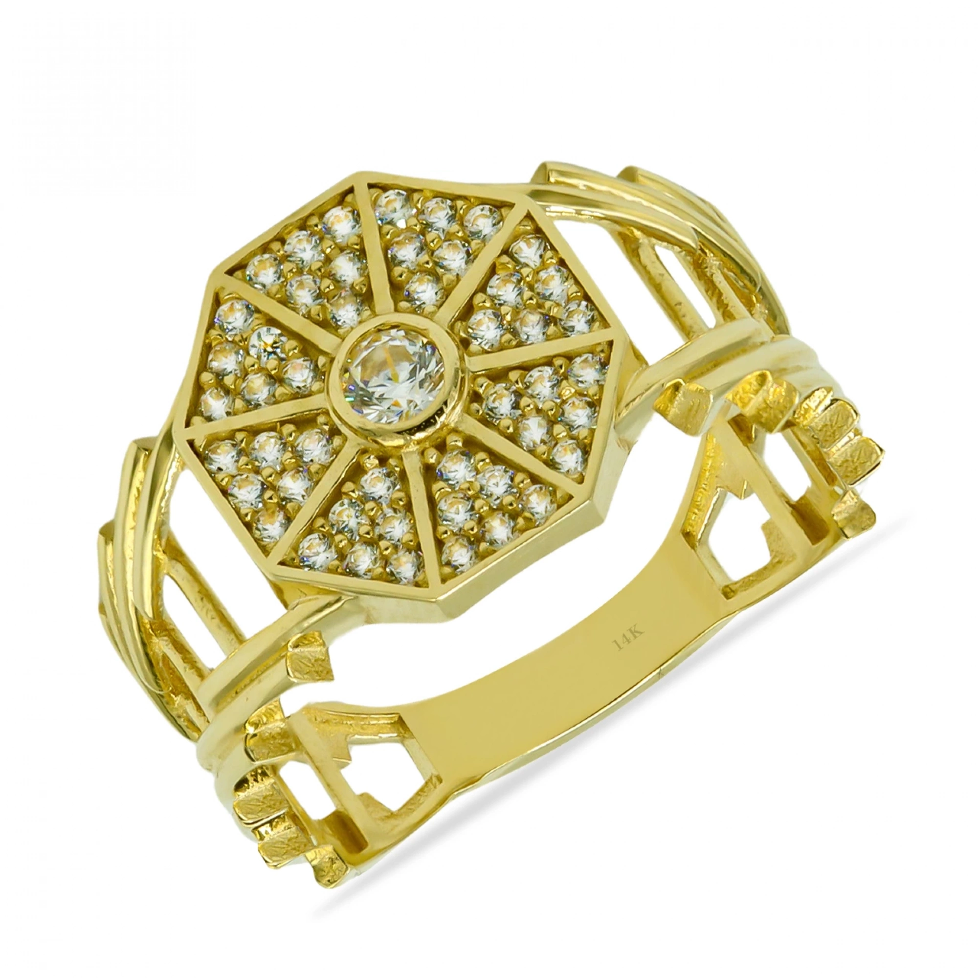 Taşlı Sekizgen Madalyon 14 Ayar Altın Yüzük