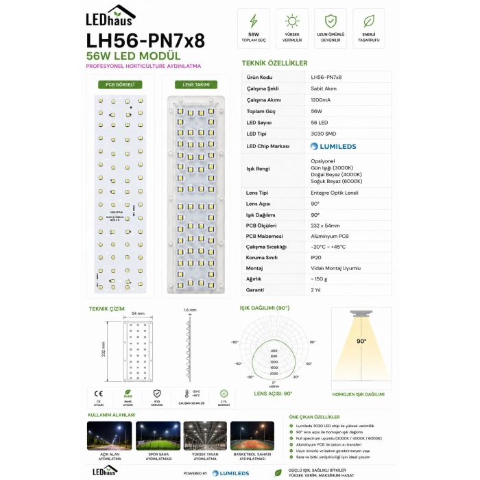 LH56-PN7x8 56W PROJEKTÖR LED MODÜL 23,2 CMDE 56 LEDLİ Sabit Akım 40-45V 1200mA