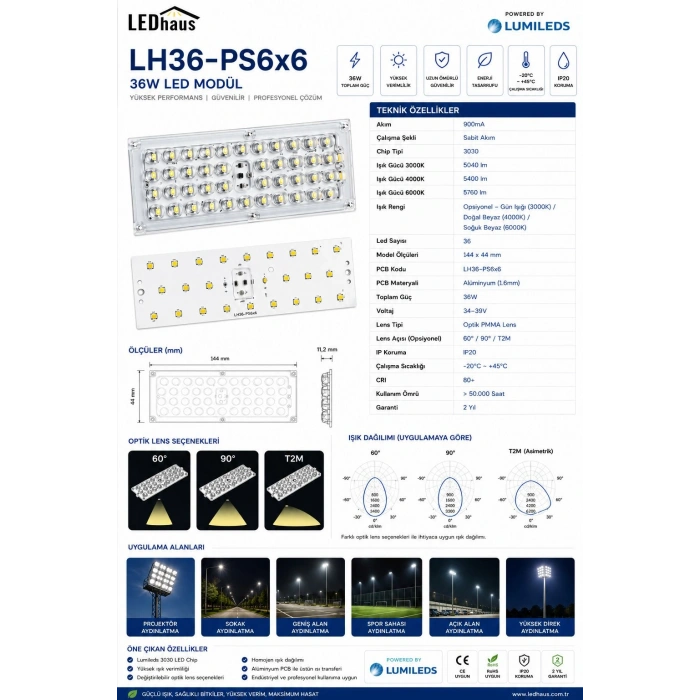 LH36-PS6x6 36W PROJEKTÖR LED MODÜL 15CMDE 36LI Sabit Akım 900 mA